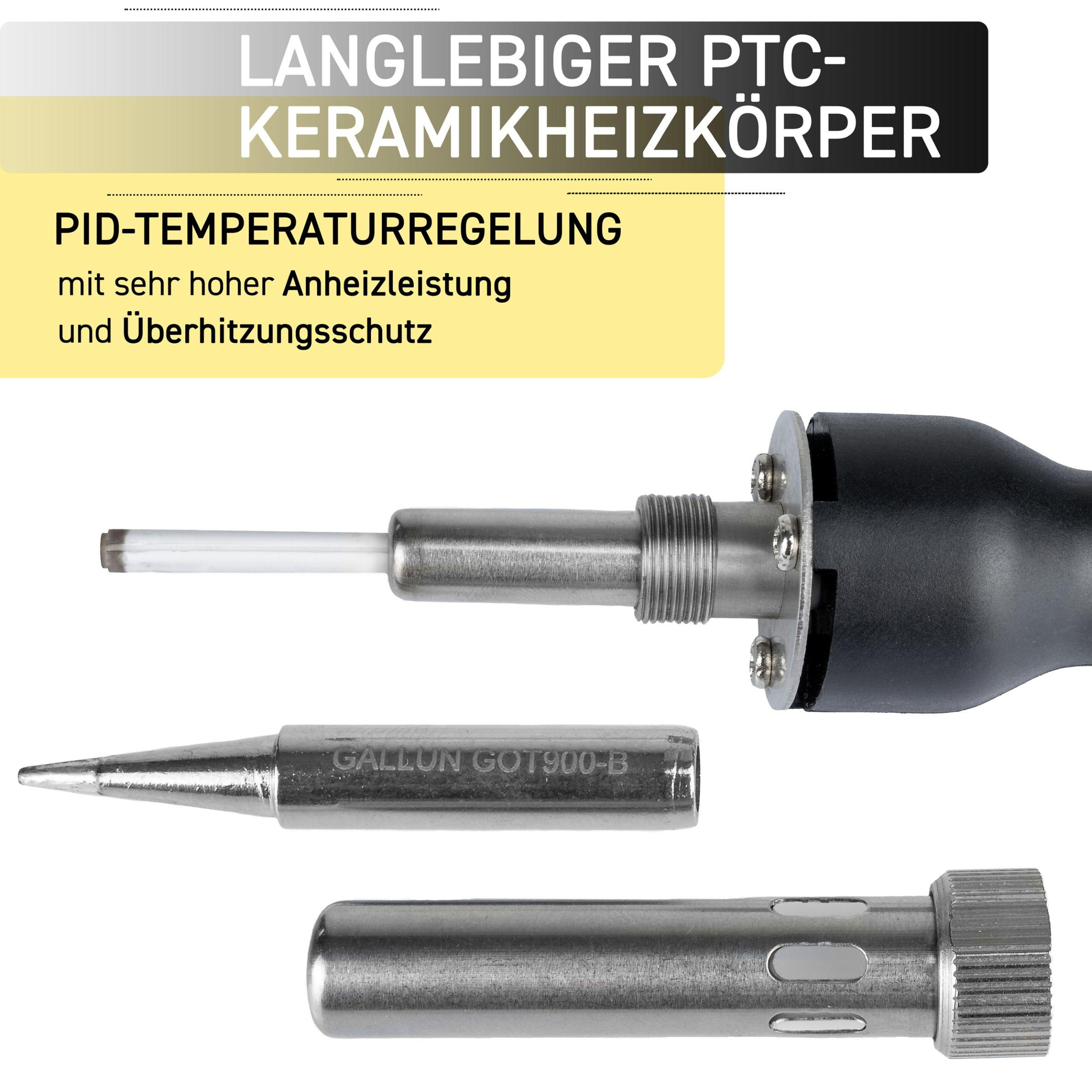 Lötkolben mit Keramik-Heizelement und austauschbarer Spitze. Textüberlagerung.