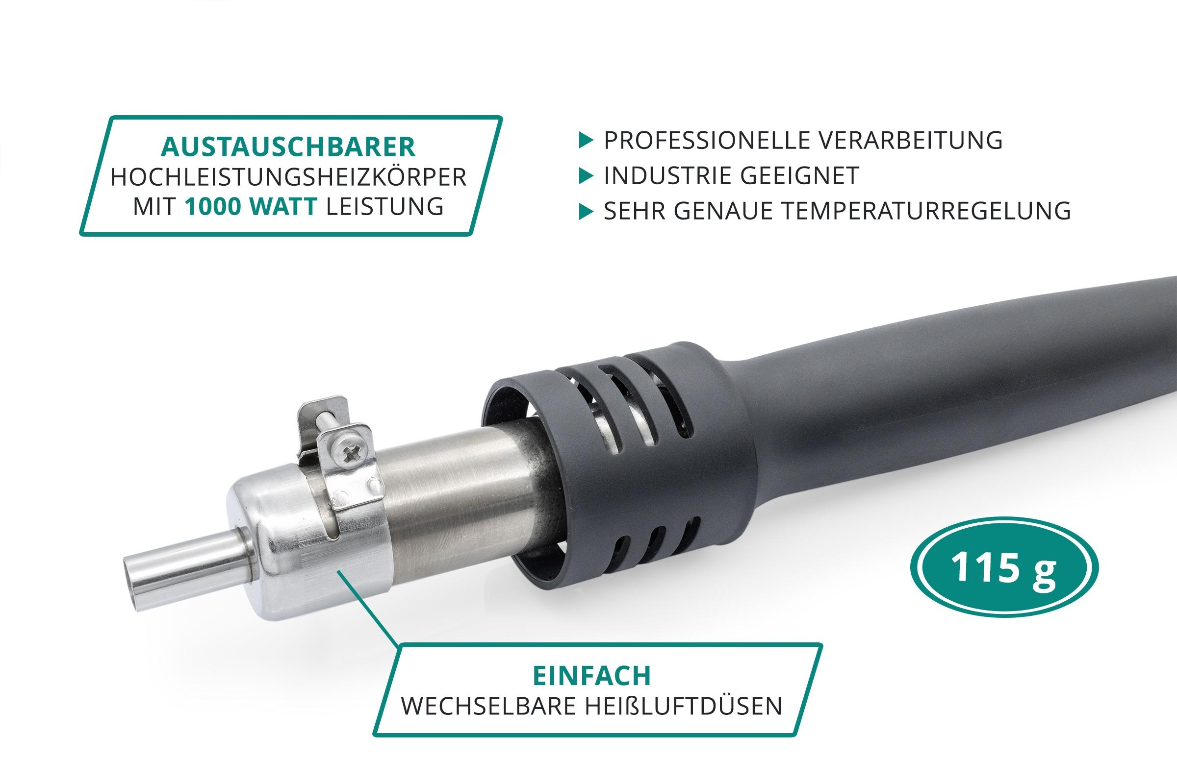 Graue und schwarze Heißluftpistole mit Etiketten auf weißem Hintergrund. Text: 115 g.