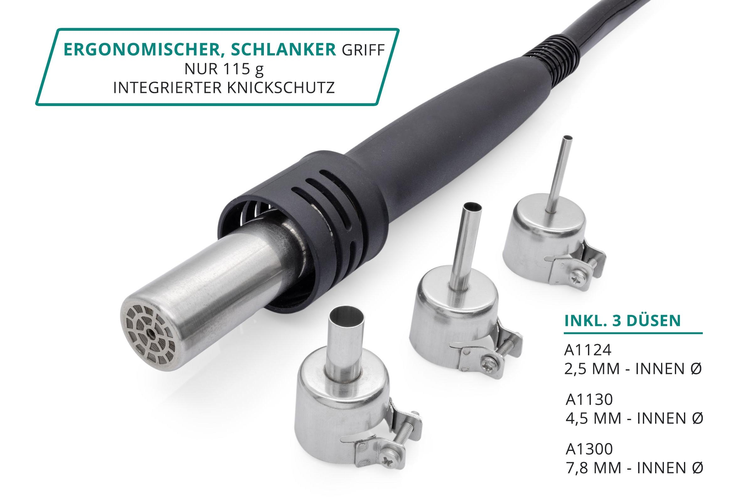 Heißluftpistole mit drei Düsen und beschreibendem Text.