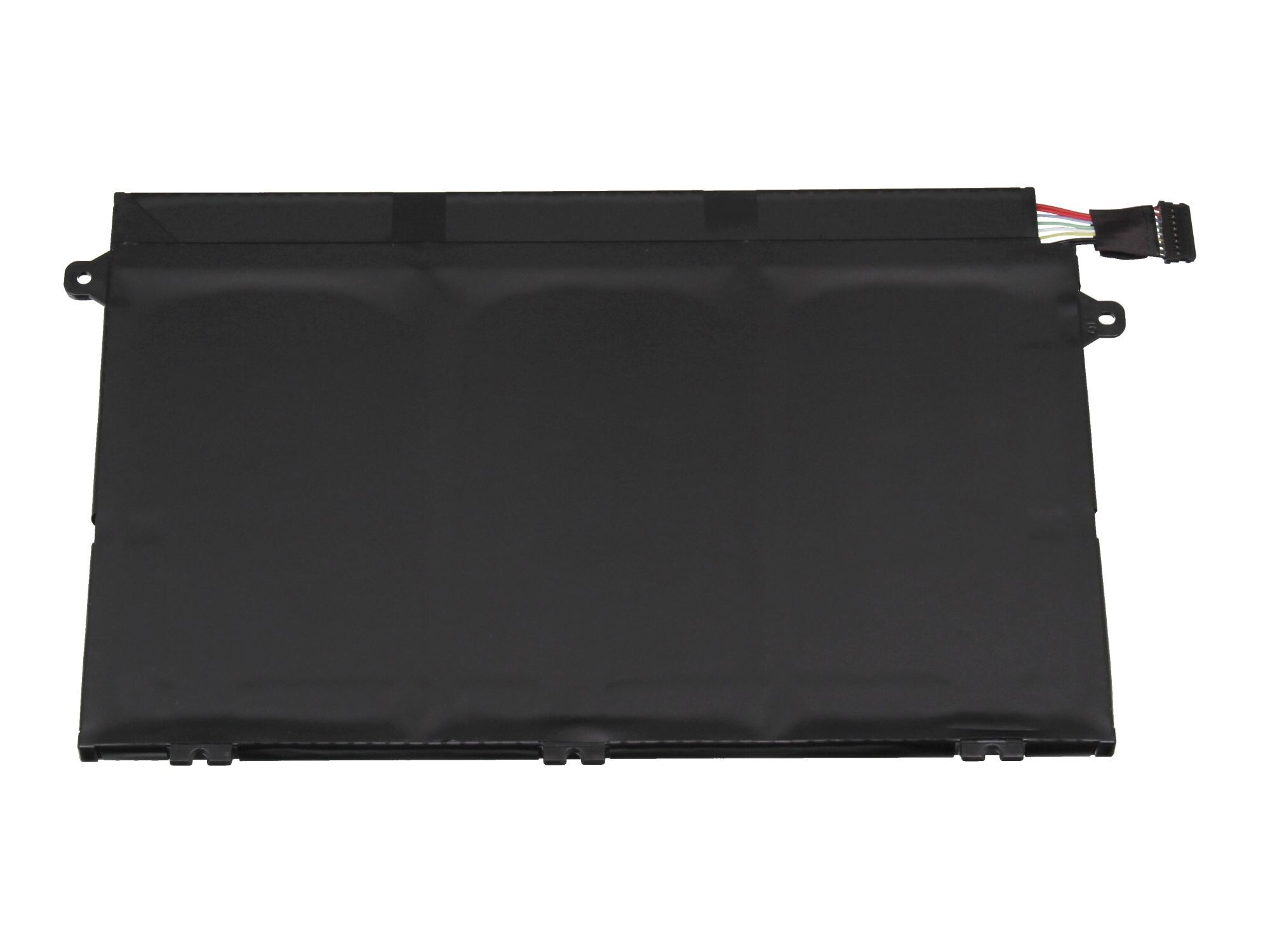 Schwarzer Laptop-Akku. Es ist ein rechteckiges Gerät mit einem Anschluss. Der Hintergrund ist weiß.