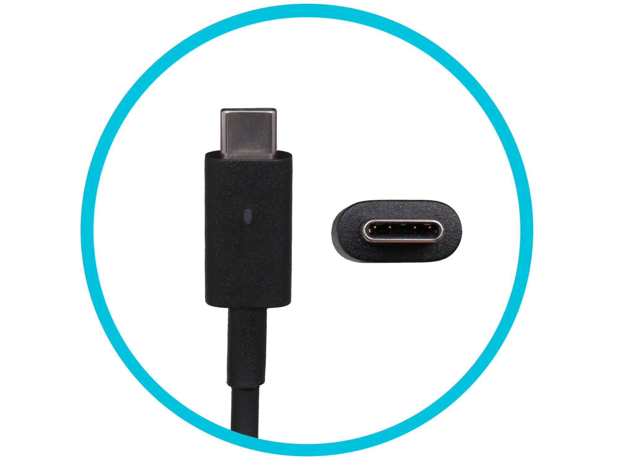 Schwarzes USB-C-Kabel und Stecker, eingerahmt von einem blauen Kreis. Weißer Hintergrund.