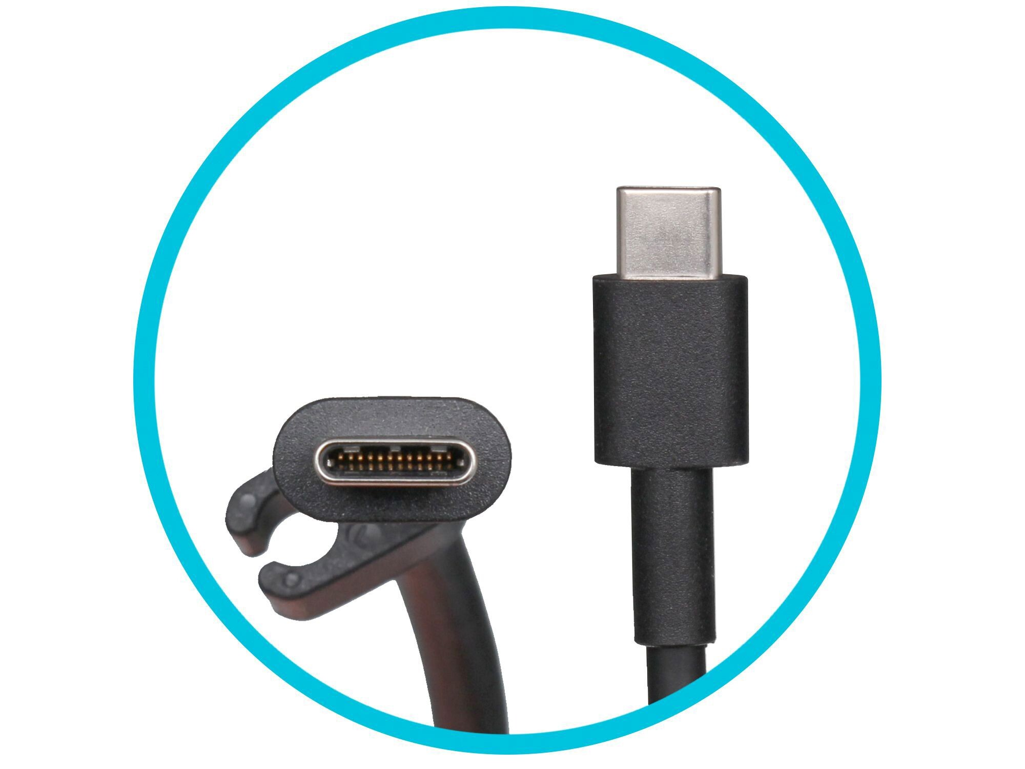 Zwei schwarze USB-C-Anschlüsse, einer mit Kabel, vor weißem Hintergrund, in hellblau umkreist.