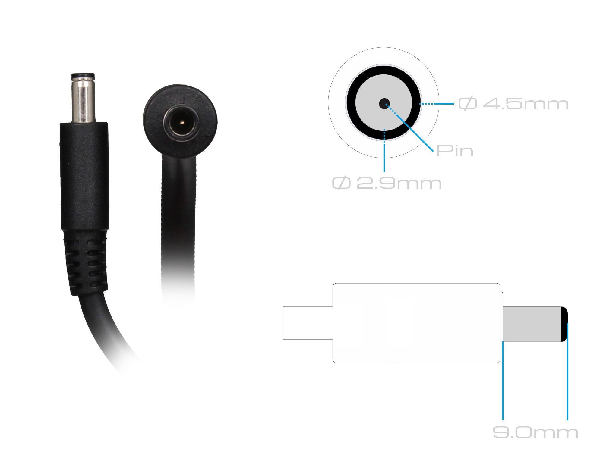 Zwei schwarze Ladekabel mit einer Diagramm der Anschlussabmessungen.