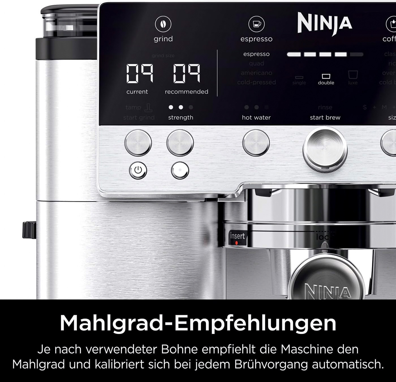 Ekspres do kawy Ninja z wyświetlaczem pokazującym ustawienia mielenia i espresso. Srebrno-czarny design.