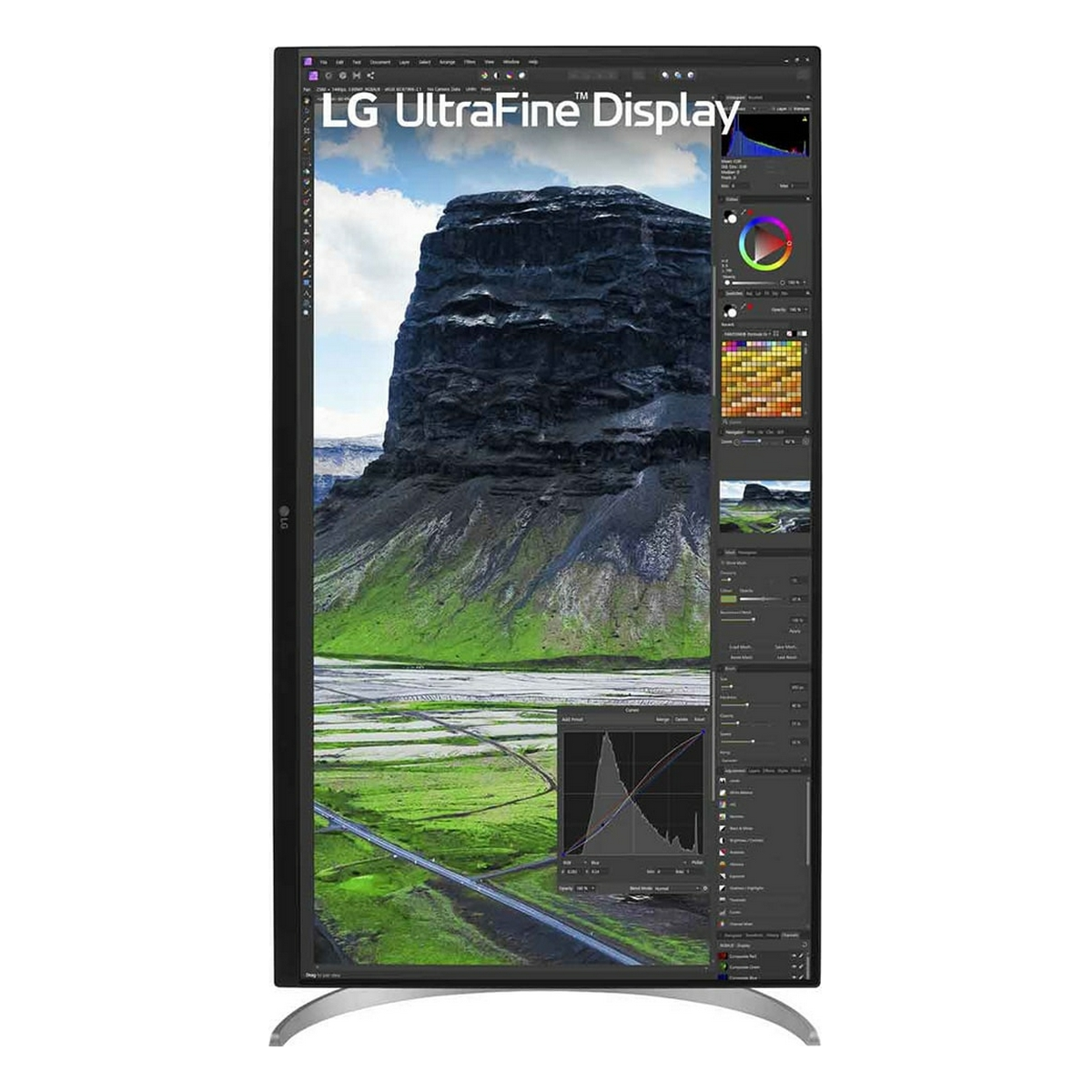 Monitor LG UltraFine Display z interfejsem edycji, białe tło.