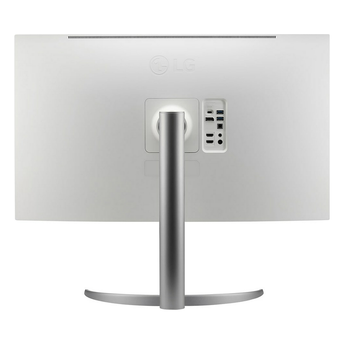 Widok z tyłu białego monitora LG ze srebrną podstawą. Widoczne porty z tyłu.