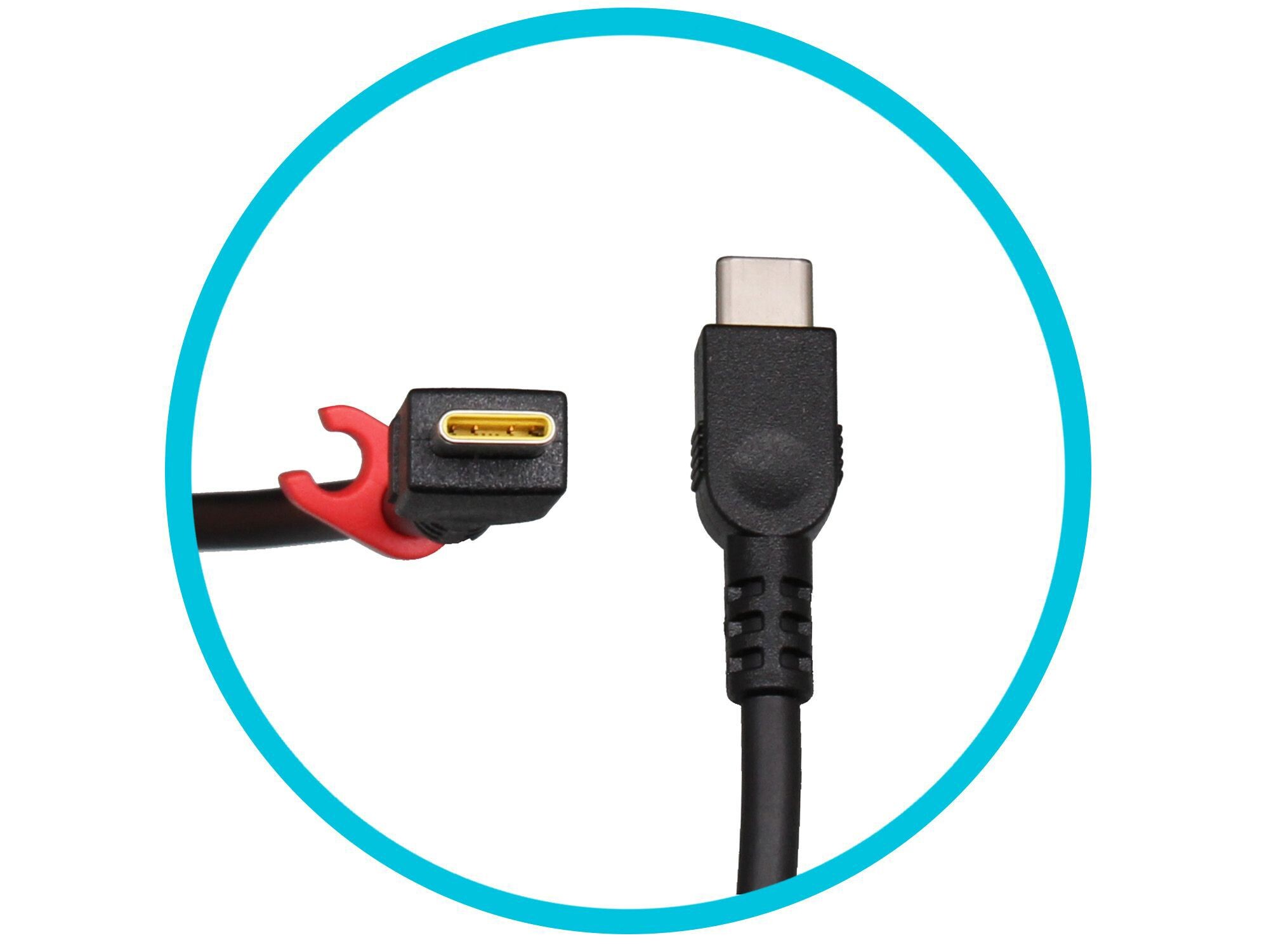 Schwarze USB-C-Kabelanschlüsse auf weißem Hintergrund, einer mit rotem Akzent.