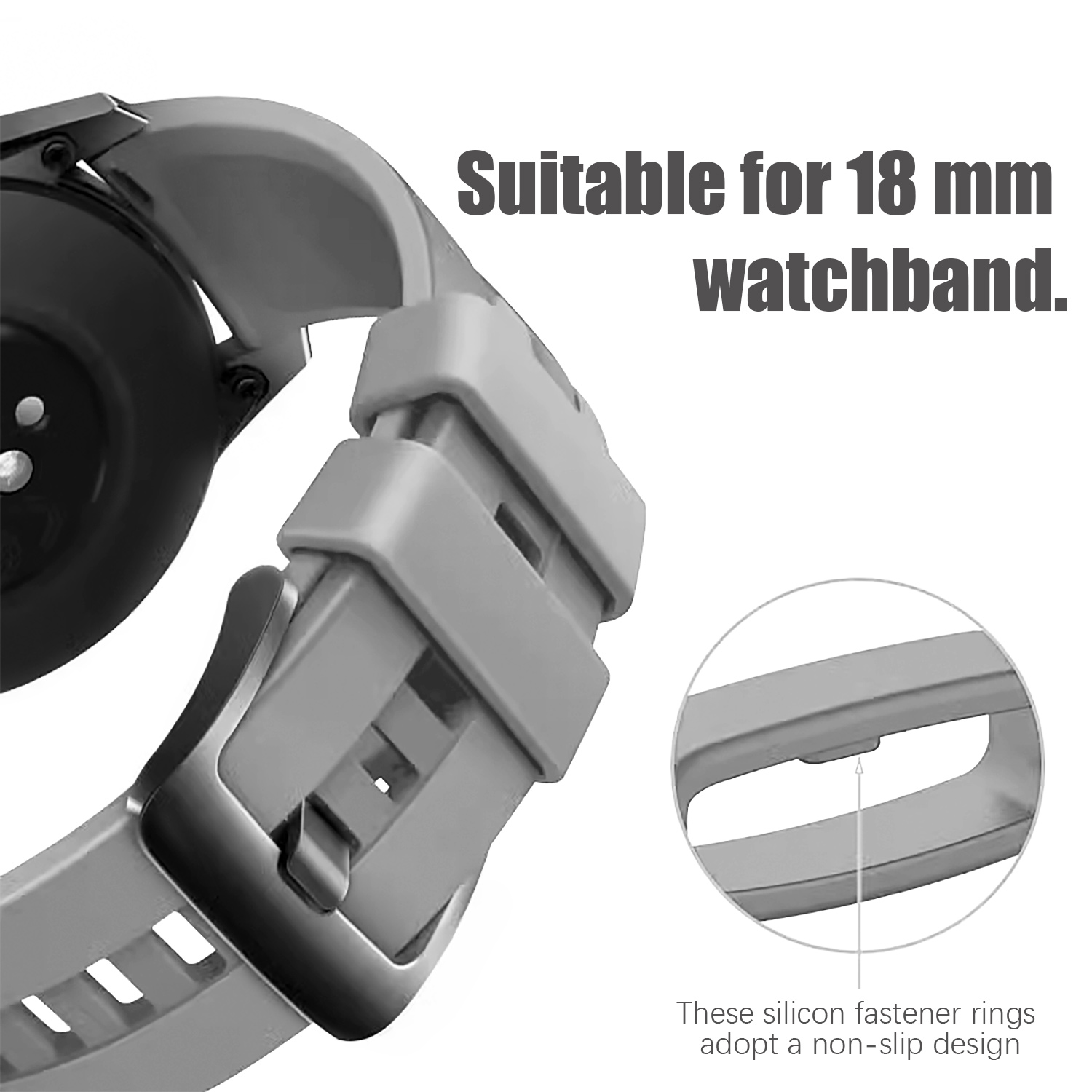 Nahaufnahme eines grauen Smartwatch-Armbands. Eigenschaften: rutschfestes Design, geeignet für 18-mm-Uhrenarmband.