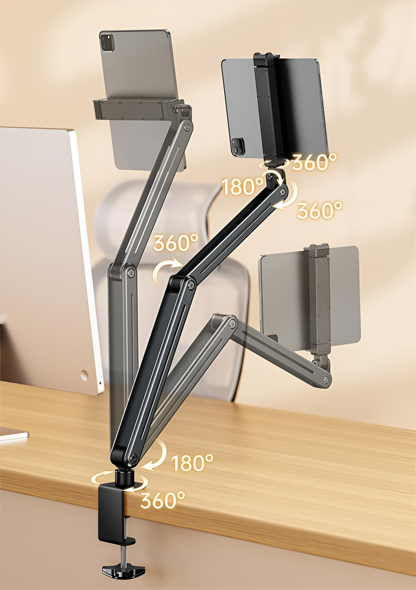 Verstellbarer Tablet-Ständer mit zwei Tablets. Der Ständer ist schwarz und metallisch.