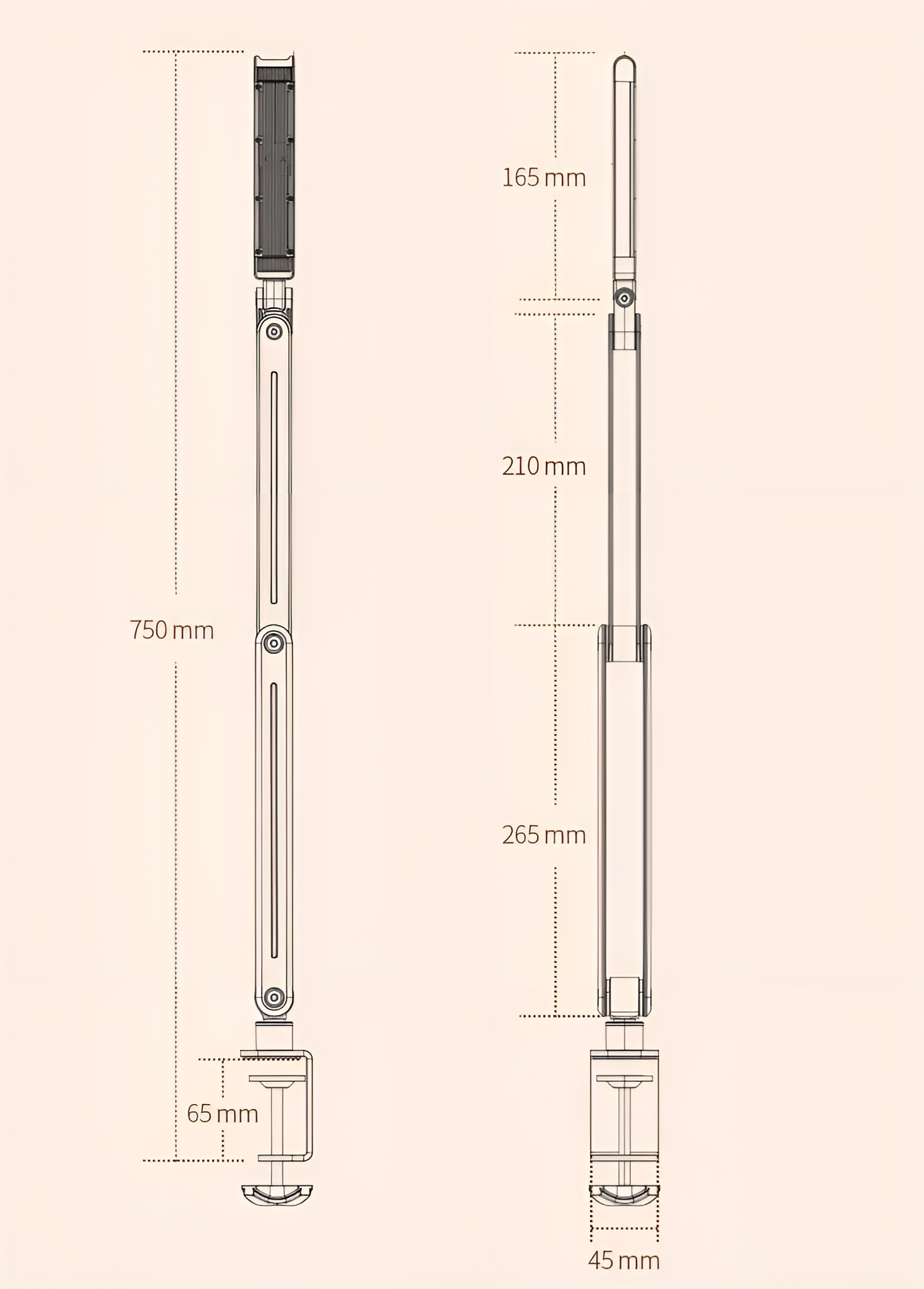 Diagramm eines Telefonhalters mit Maßangaben in mm. Zwei Ansichten: ausgefahren und zusammengeklappt.