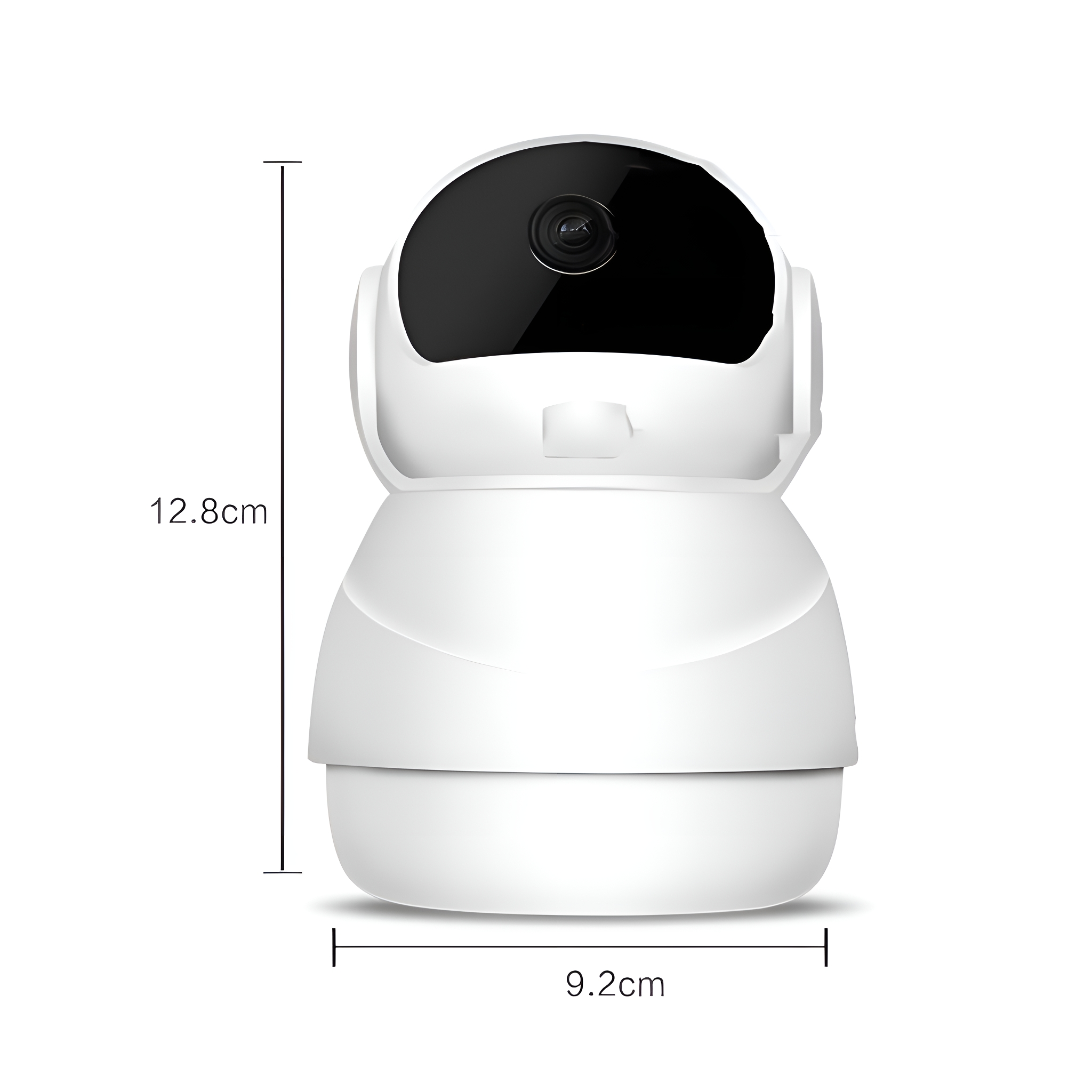Weiße Überwachungskamera mit Abmessungen: 12,8 cm hoch, 9,2 cm breit.