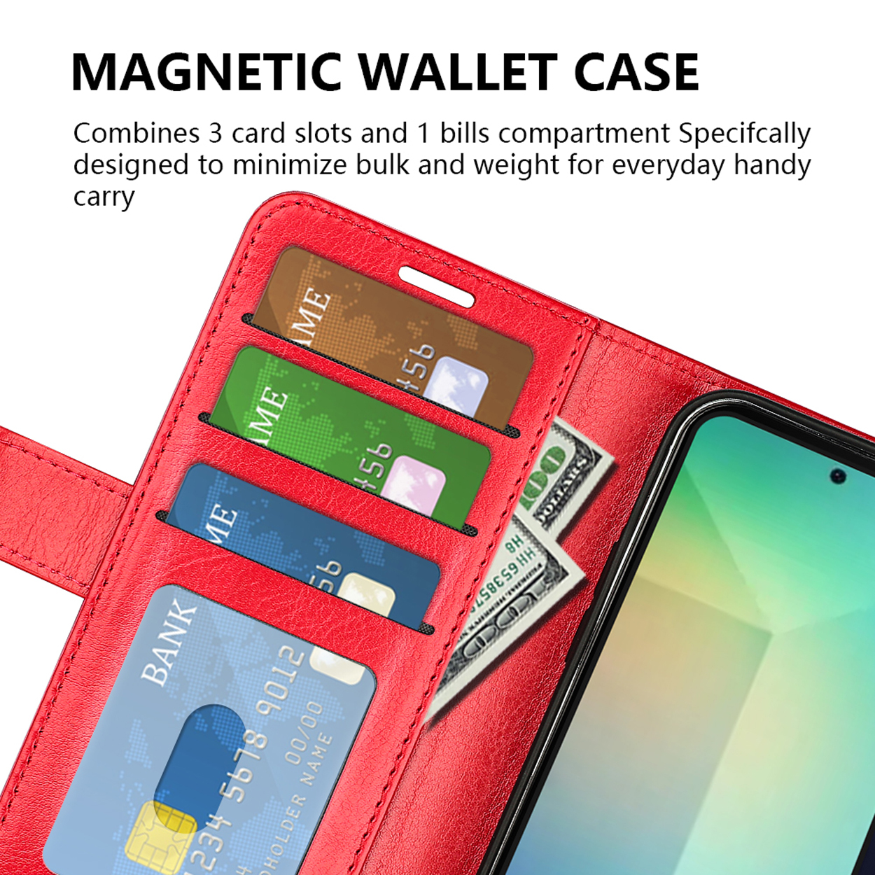 Een rode portemonnee-etui open met kaarten en Amerikaanse dollarbiljetten, met een telefoon rechts.
