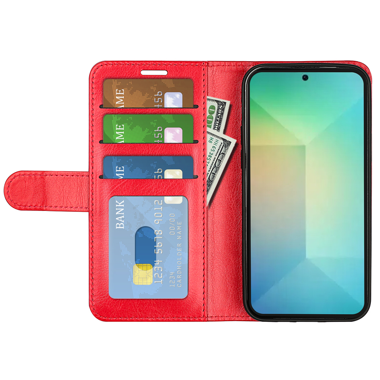 Rode telefoonhoesportemonnee, open, met creditcards en dollarbiljetten, met een smartphone erin.