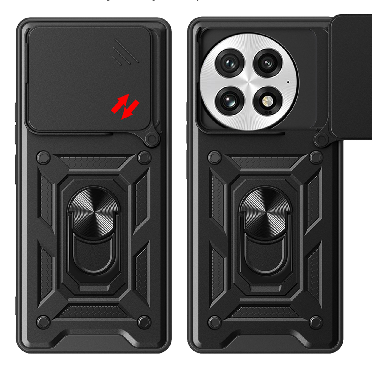 Zwarte telefoonhoes met een schuifbare camerabescherming en ring.