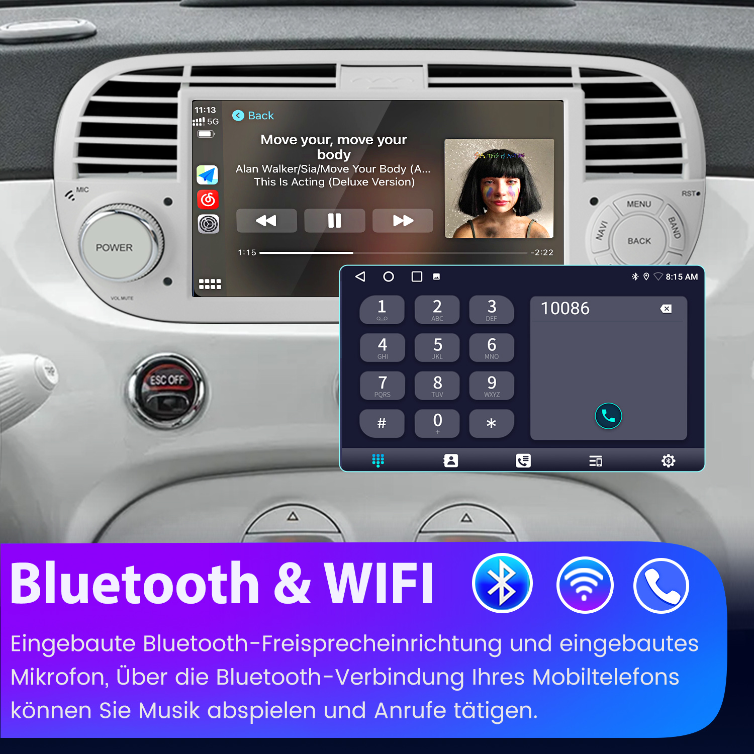 Armaturenbrett mit Bildschirm, der Musik zeigt. Das Auto hat auch einen Telefonbildschirm.