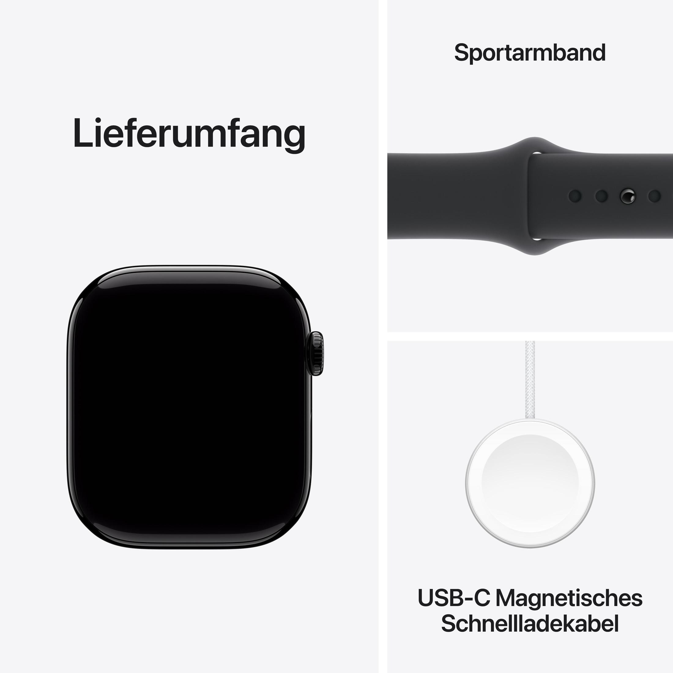 Czarny Apple Watch, czarny pasek sportowy i biały magnetyczny kabel ładujący USB-C.