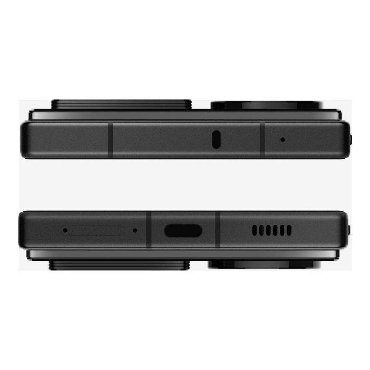 Schwarzes Smartphone, Ober- und Unteransicht. Tasten, Kamera, Lautsprecher.