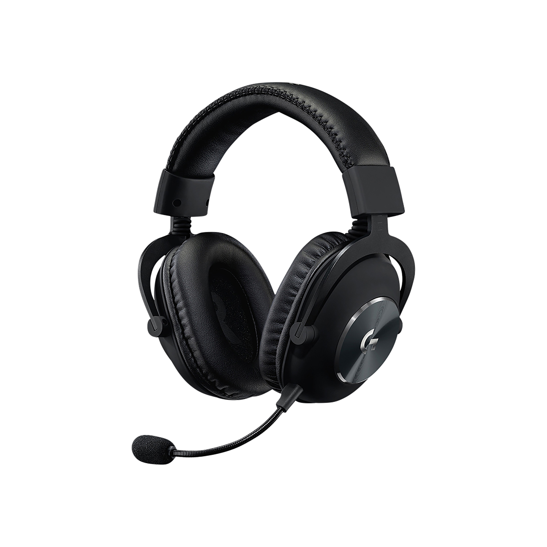 Black headphones with a microphone, against a white background.