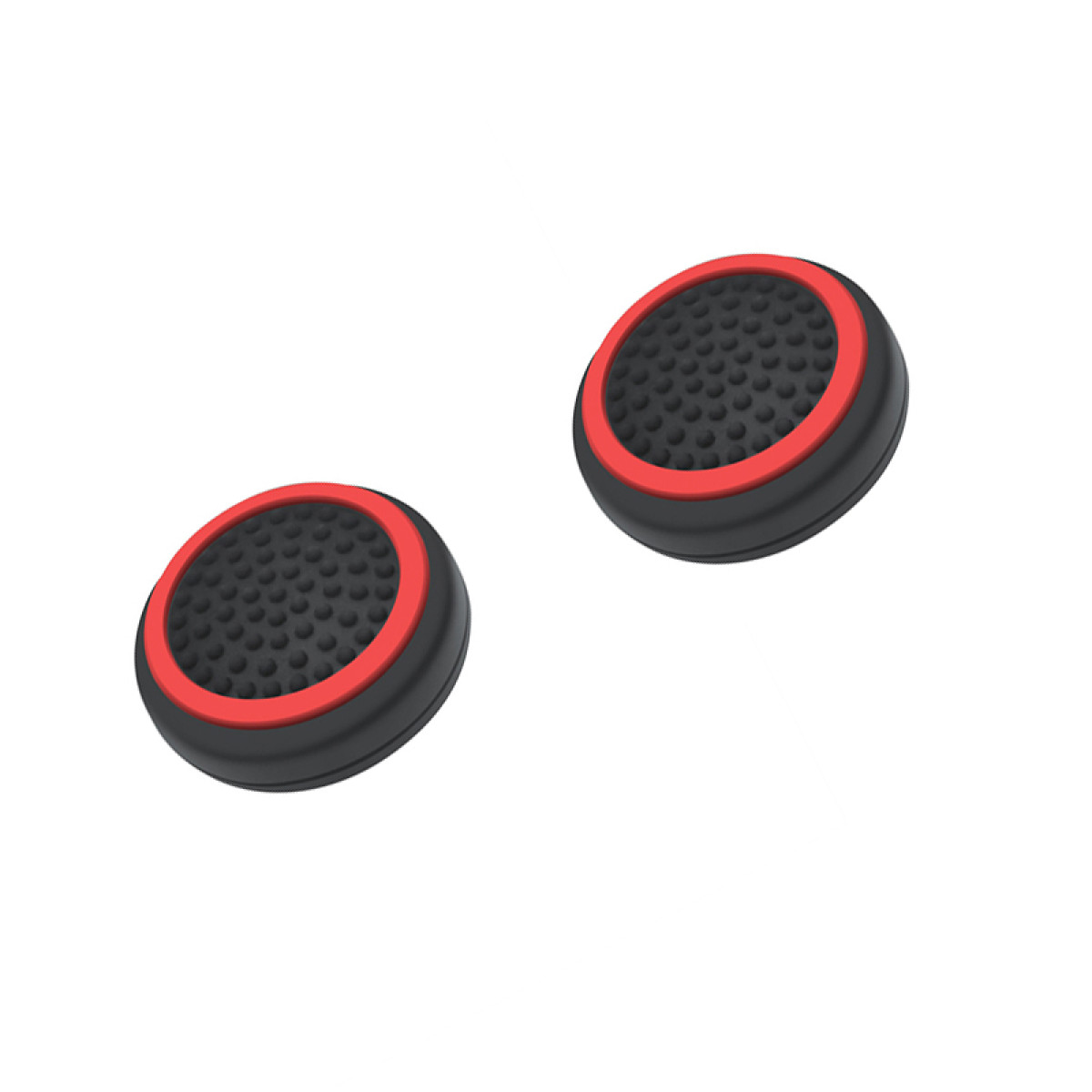 Two black joystick thumb grips with a red accent rim, on a white background.