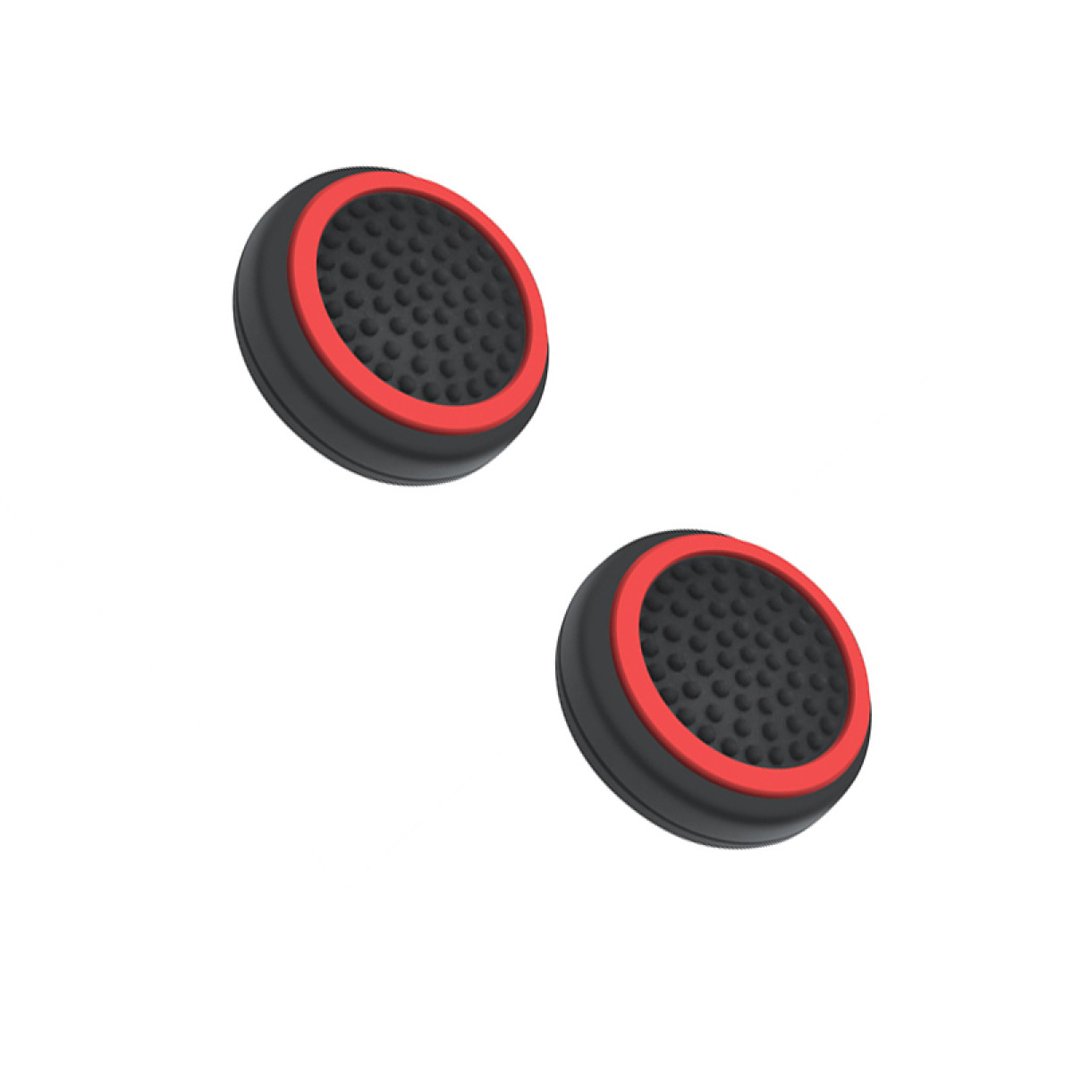 Two black joystick caps with red rings.