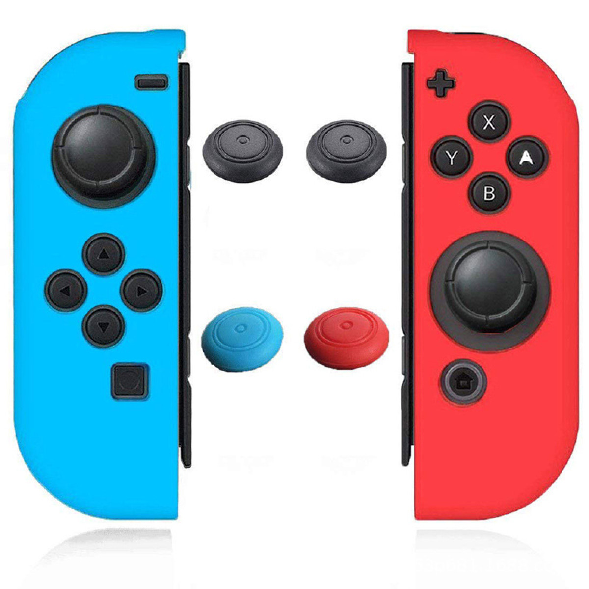 Blaue und rote Nintendo Switch Joy-Con-Controller mit zusätzlichen Daumengriffen. Weißer Hintergrund.