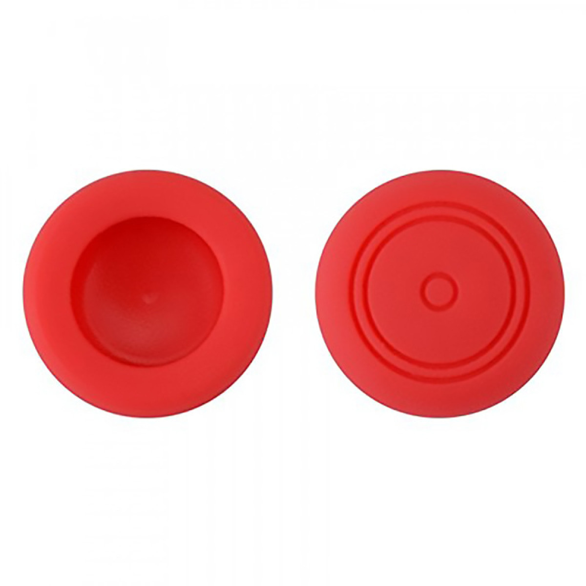 Zwei rote Joystick-Kappen. Sie sind rund und haben eine strukturierte Oberfläche mit einer zentralen Vertiefung.
