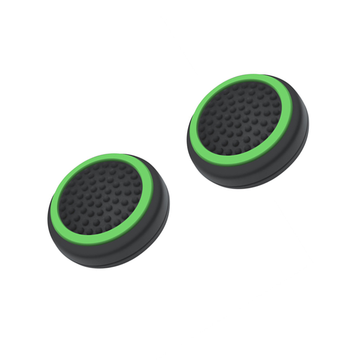 Two black and green joystick grips, with a textured surface, on a white background.