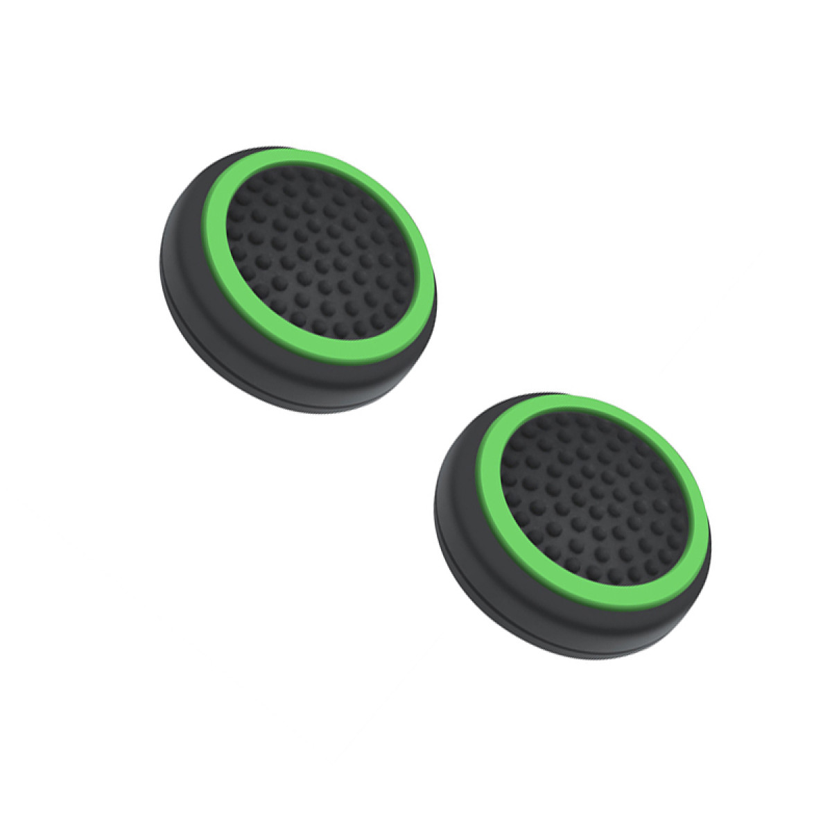 Two black joystick grips with green rings, top surface with small bumps, white background.