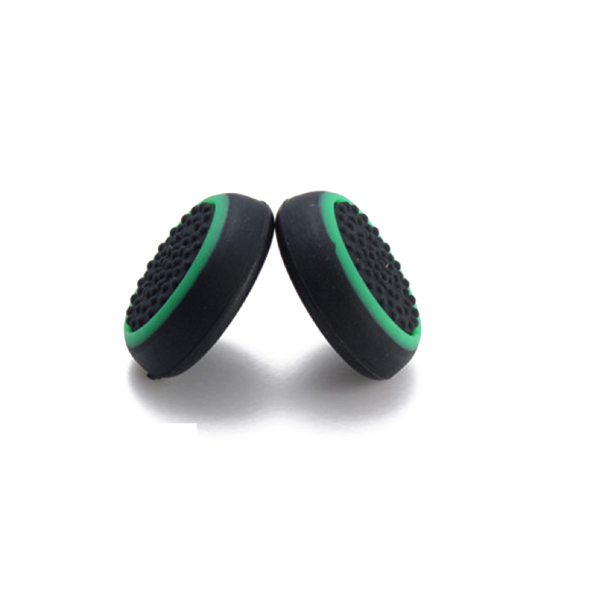 Two black controller thumb grips with green trim. They are side by side.