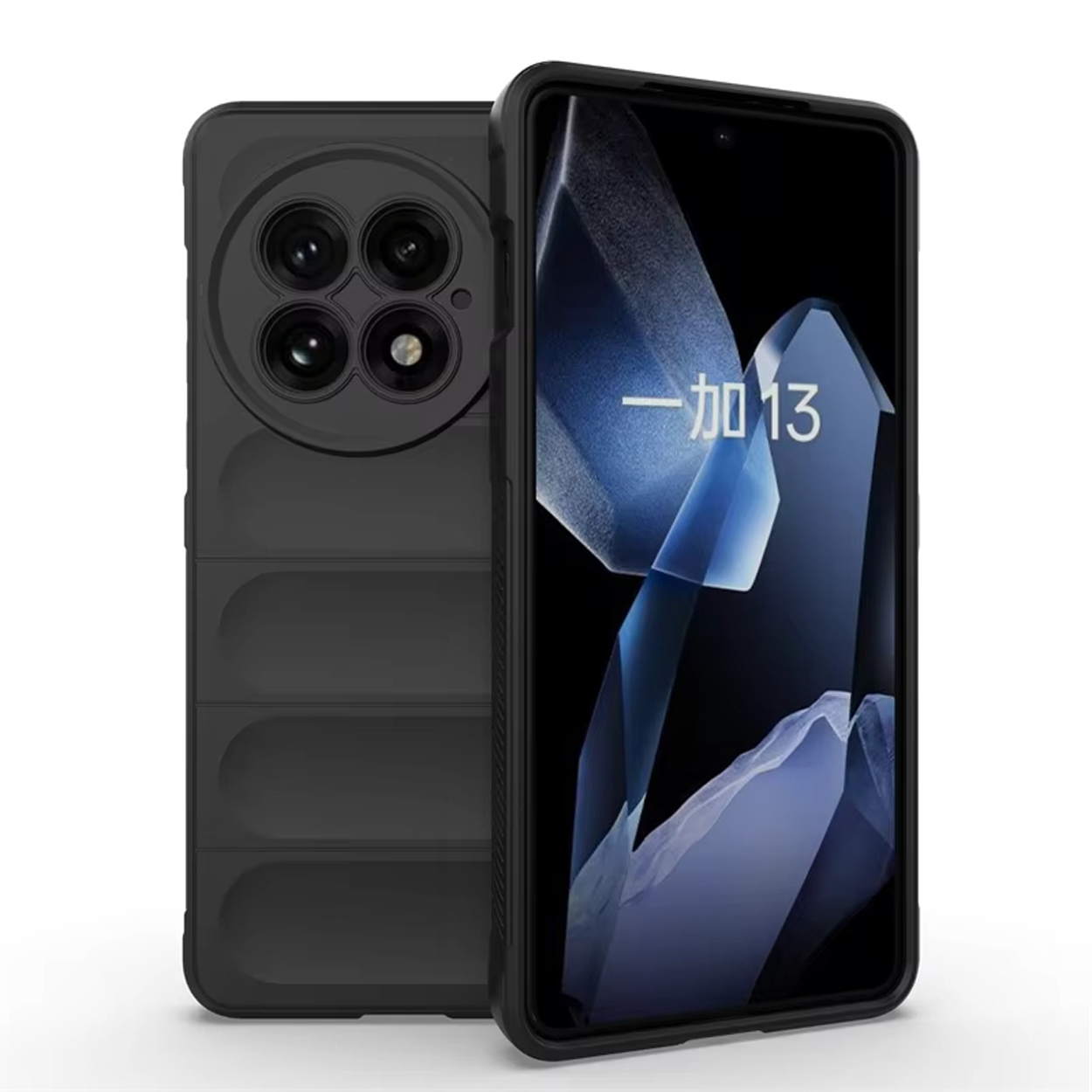 Zwarte telefoonhoes met camerabult, die een telefoon bedekt met tekst op het scherm.
