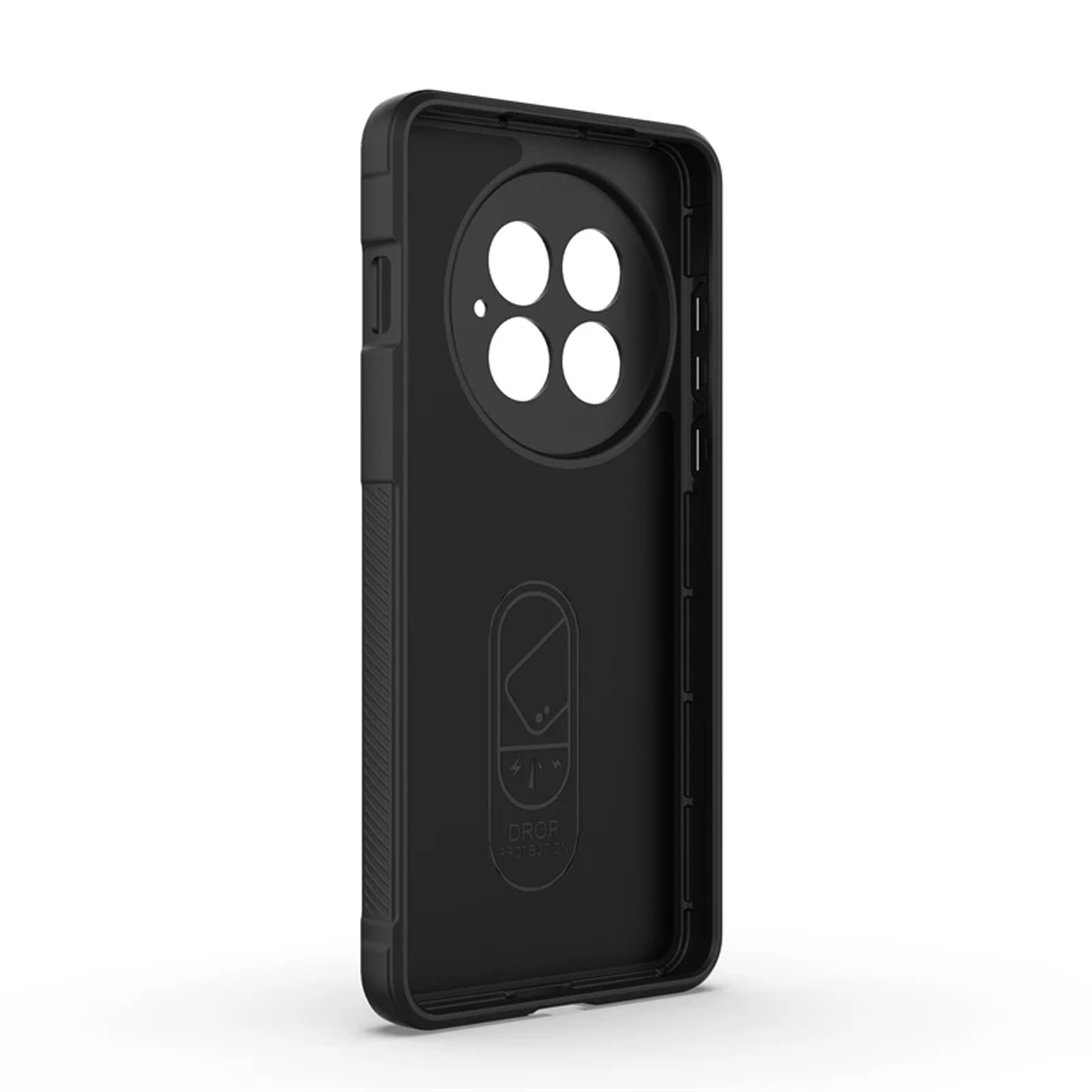 Zwarte telefoonhoes binnen met vier camera gaten. Valbeschermingssymbool binnen.