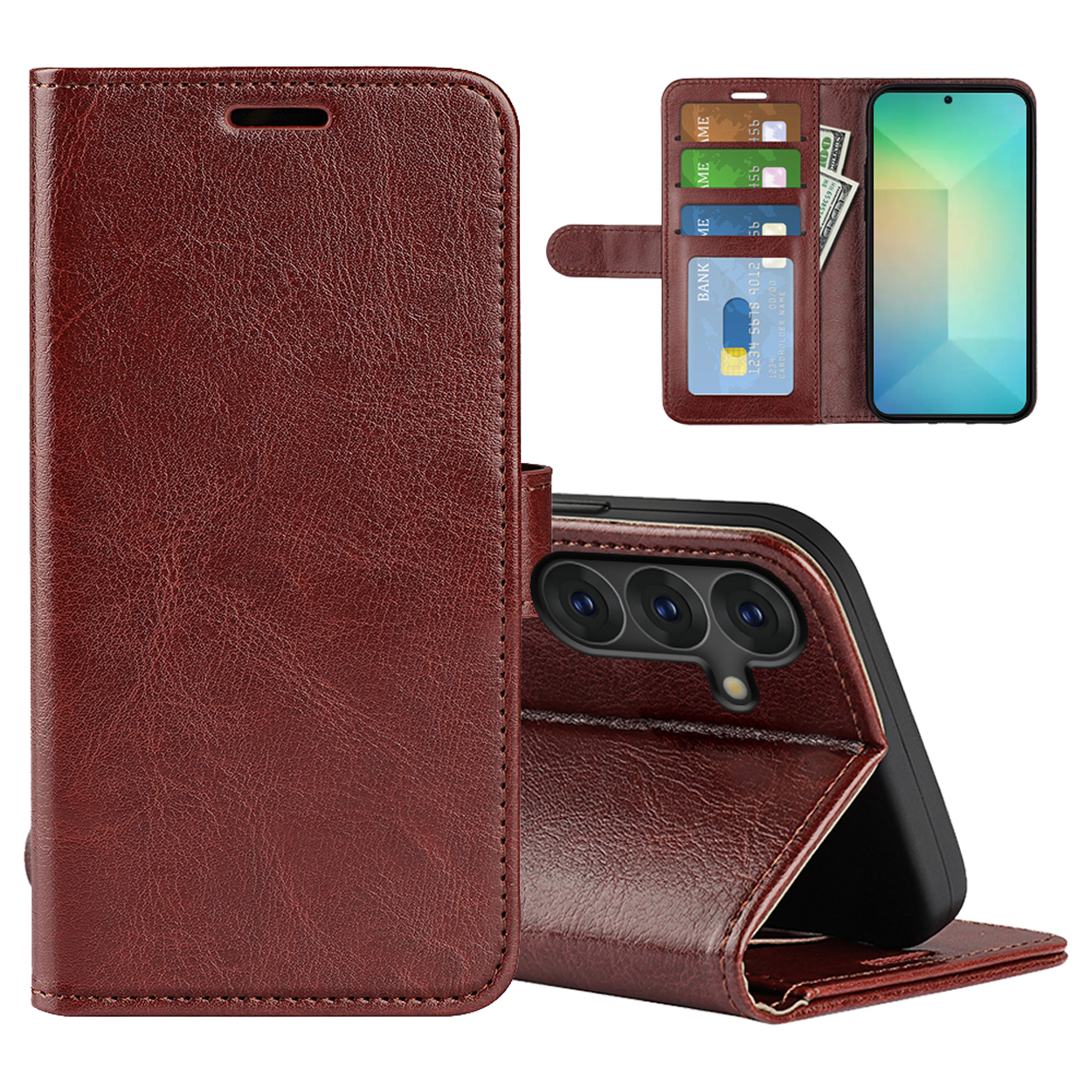 Un étui de téléphone en cuir marron avec cartes et espèces visibles, et un téléphone inséré à l'intérieur.