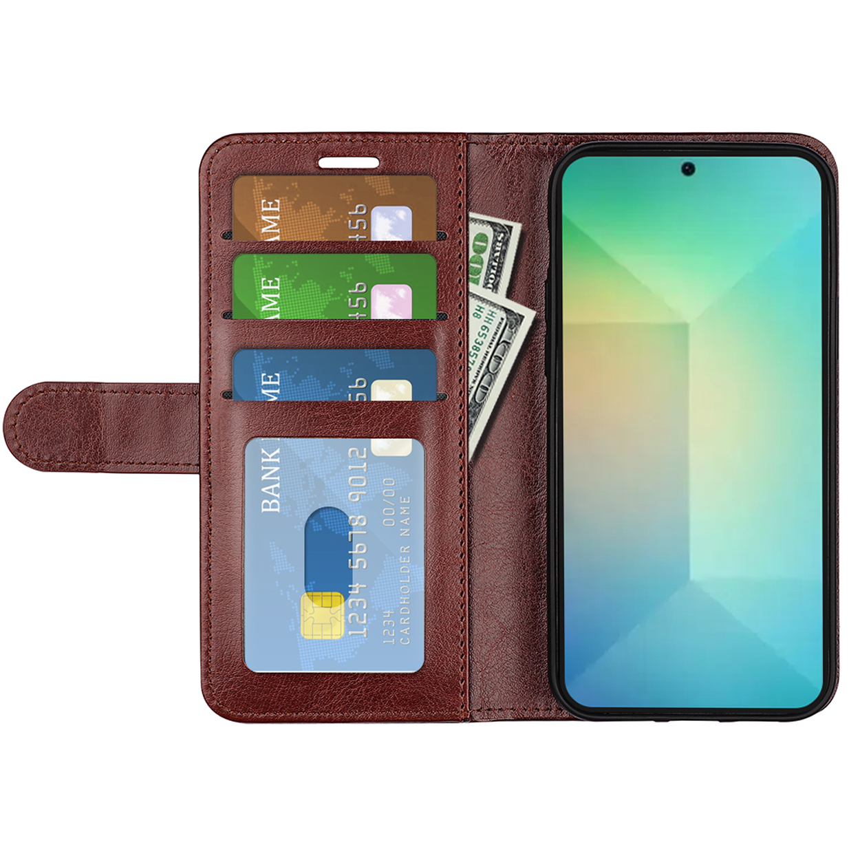 Portefeuille en cuir marron avec téléphone, cartes et dollars. Le téléphone a un écran vert.