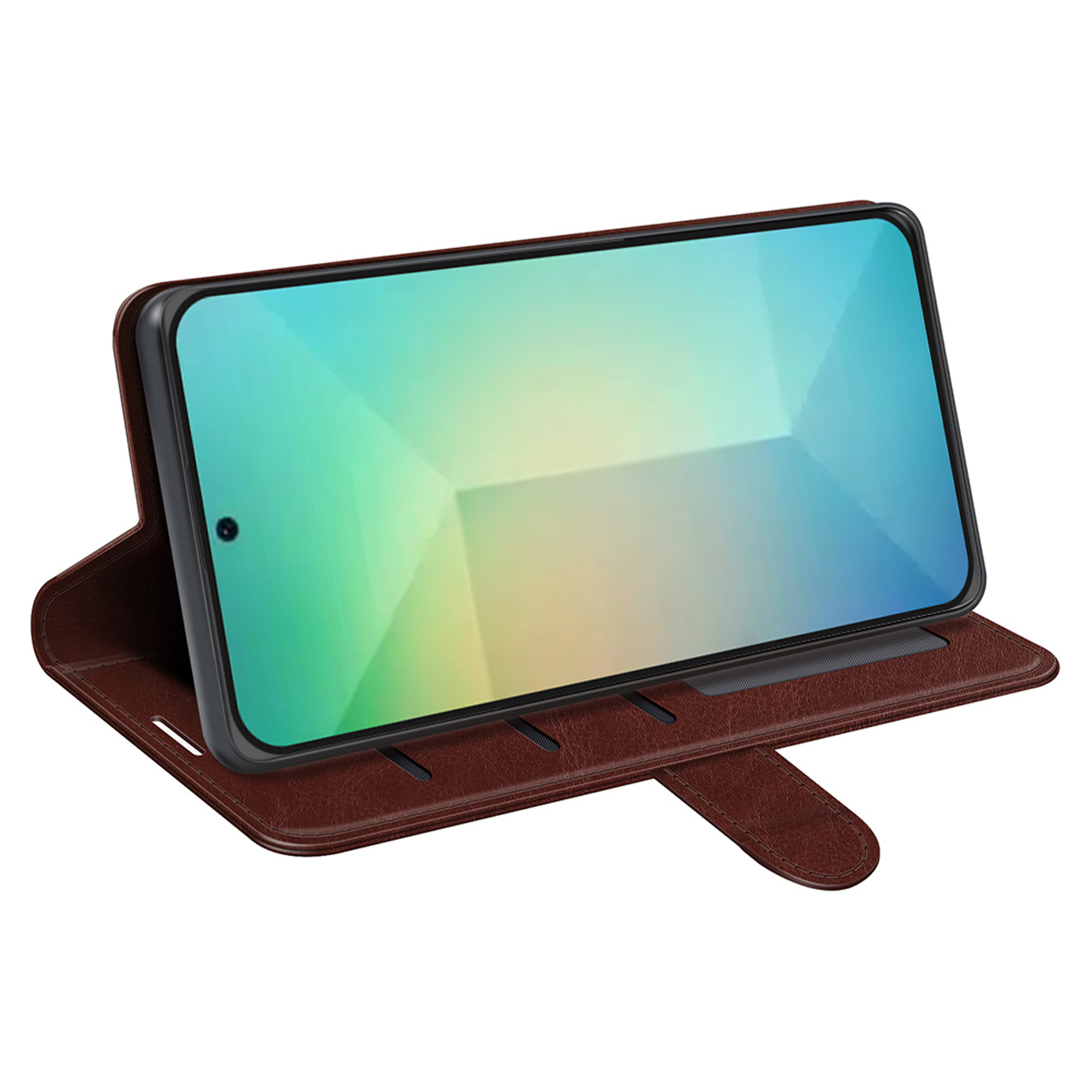 Étui de téléphone marron avec un téléphone à l'intérieur, affichant un écran coloré. L'étui est ouvert.