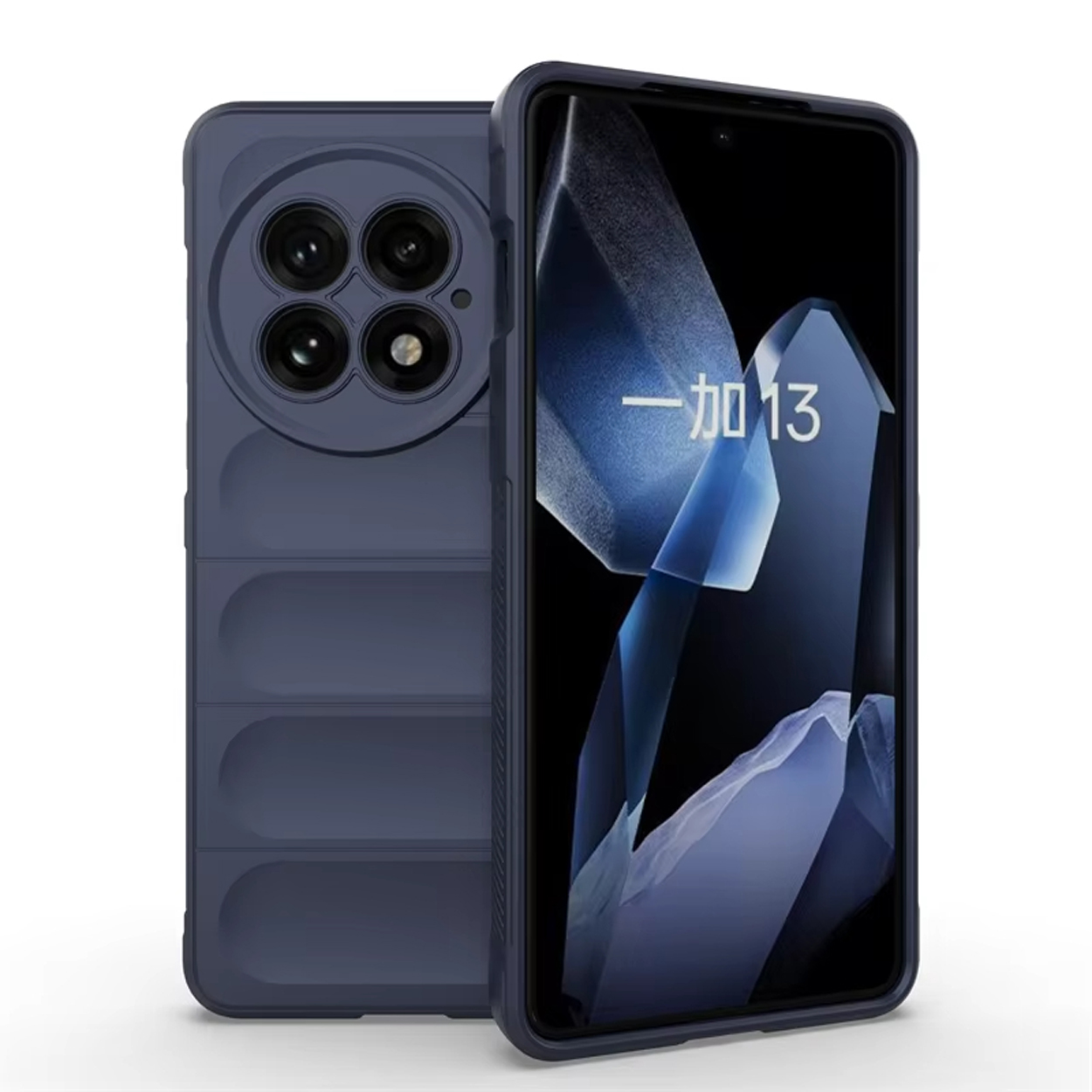 Blauwe telefoonhoes met camera's en een telefoonscherm.