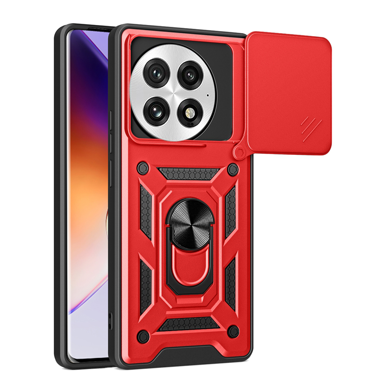 Rode telefoonhoes met camera cover en ring, met een telefoon.
