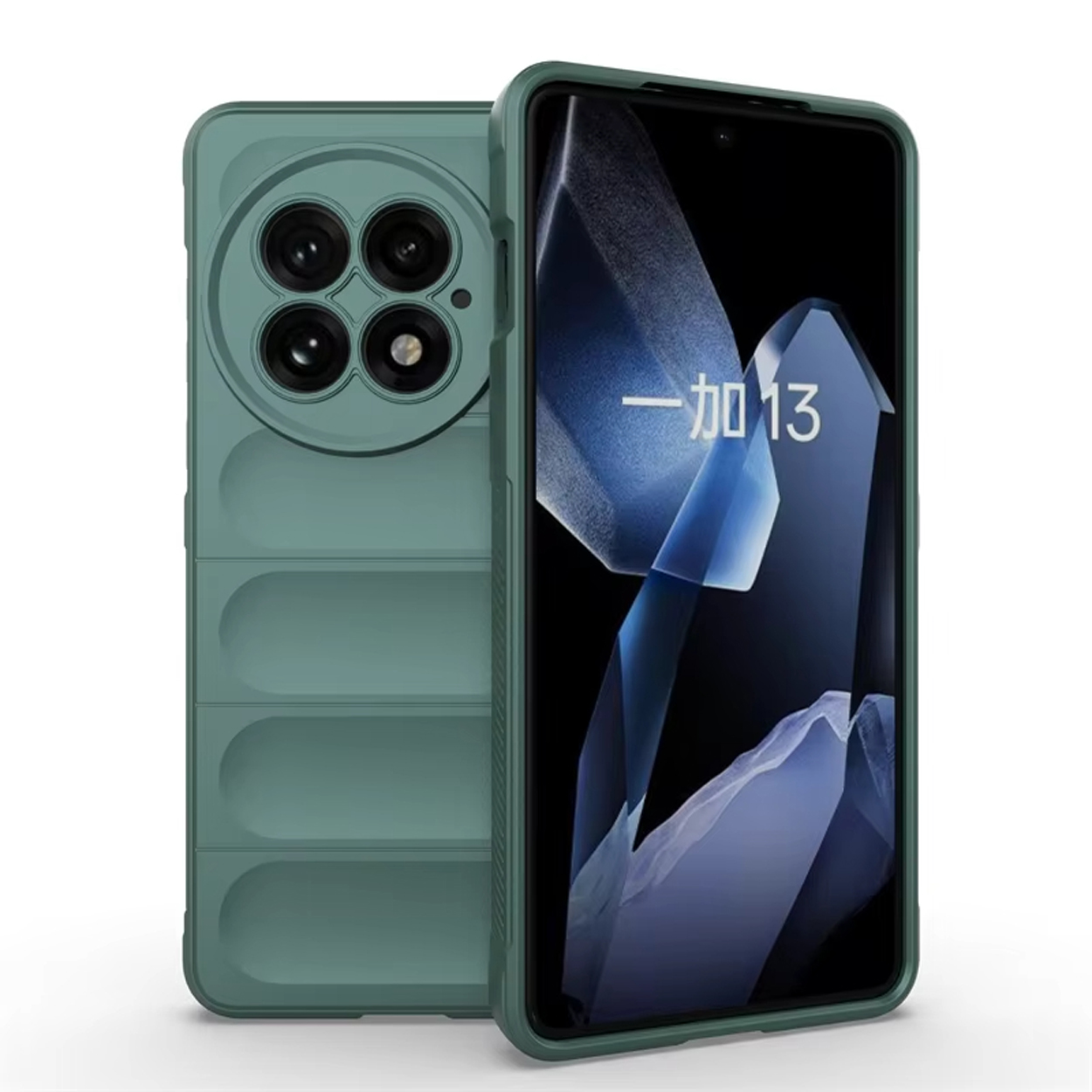 A green phone case with a phone inserted. The phone displays the Chinese characters for 13.