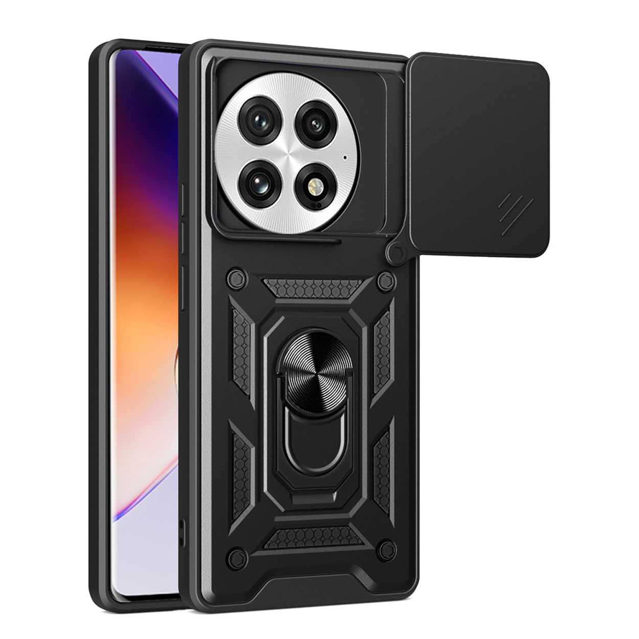 Zwarte telefoonhoes met cameralensafdekking. De telefoon zit niet in de hoes.
