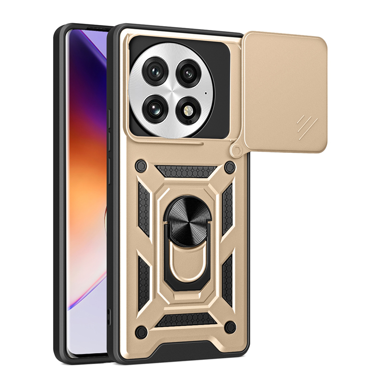 Gouden telefoonhoes met een camerahoes en een telefoon erin. De telefoon is zichtbaar.