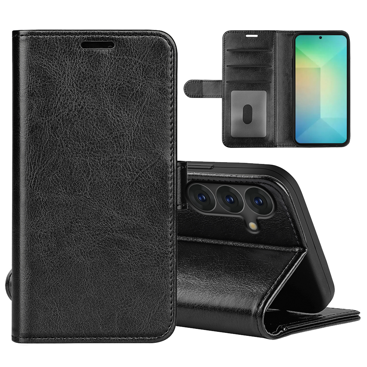 Zwarte telefoonhoes met portemonnee-ontwerp, open, met een telefoon erin, witte achtergrond.