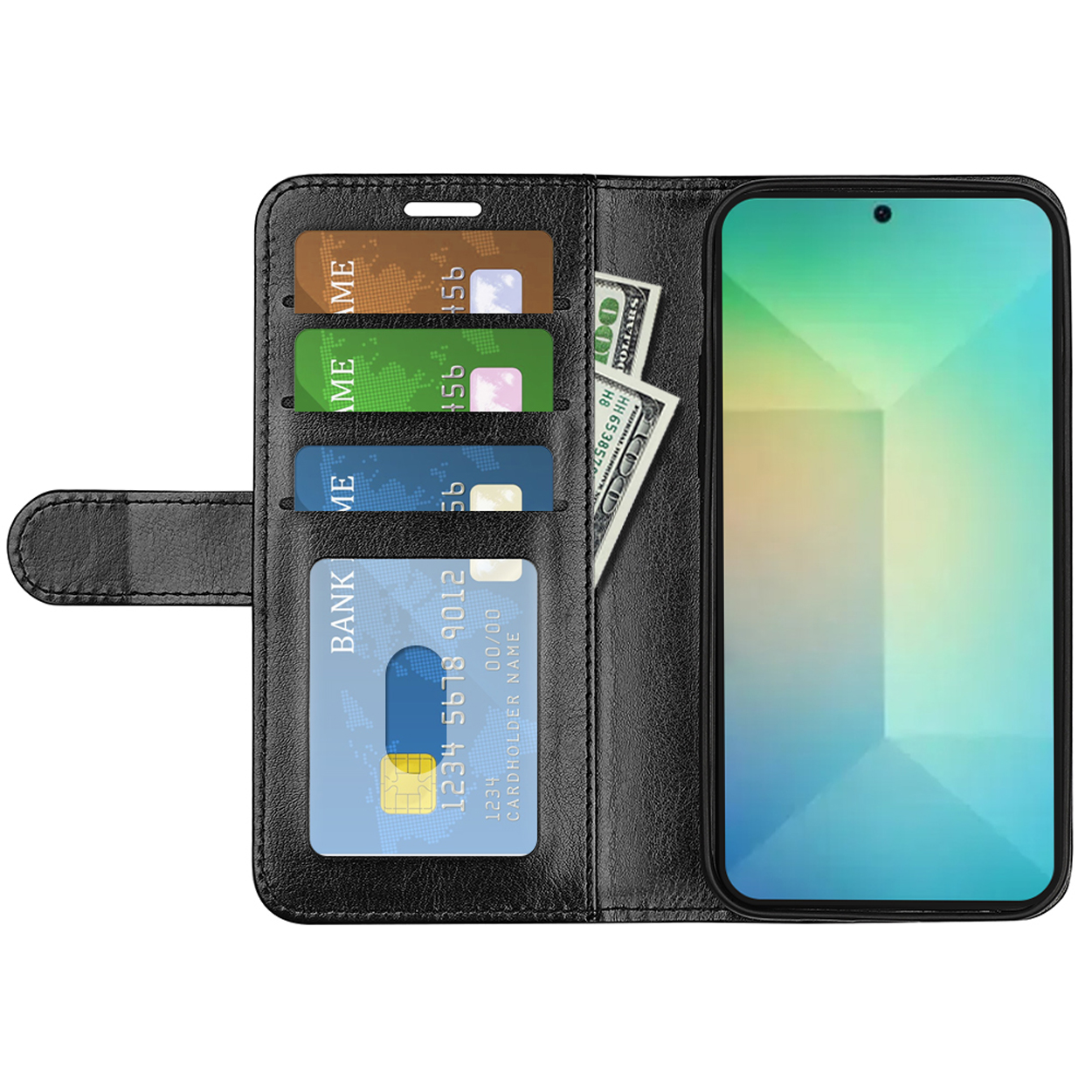 Zwarte telefoonhoes met kaarten en contant geld erin. Een telefoon met een kleurrijk scherm is zichtbaar.