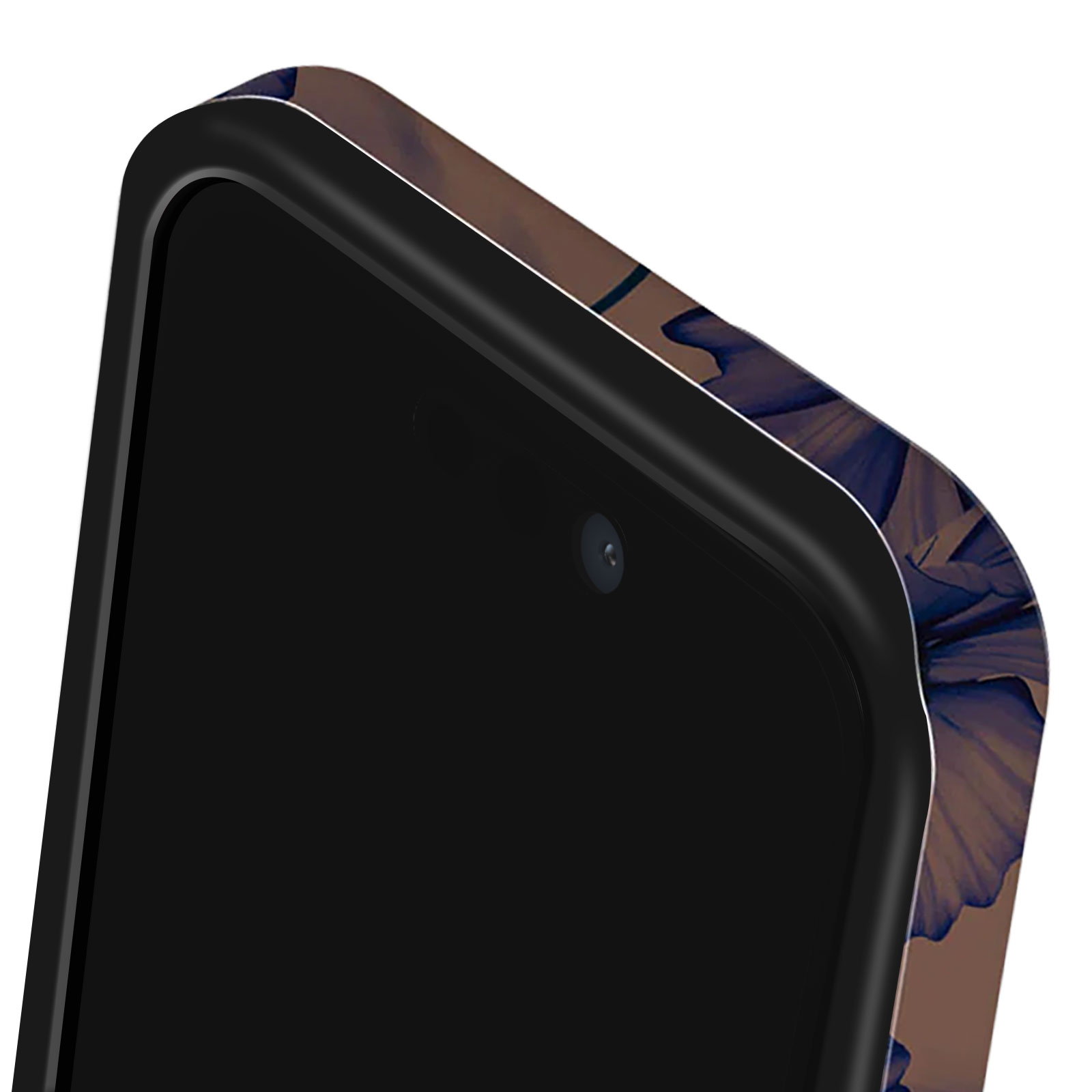 Gros plan d'un téléphone, montrant l'objectif de la caméra et une coque arrière à motifs floraux.