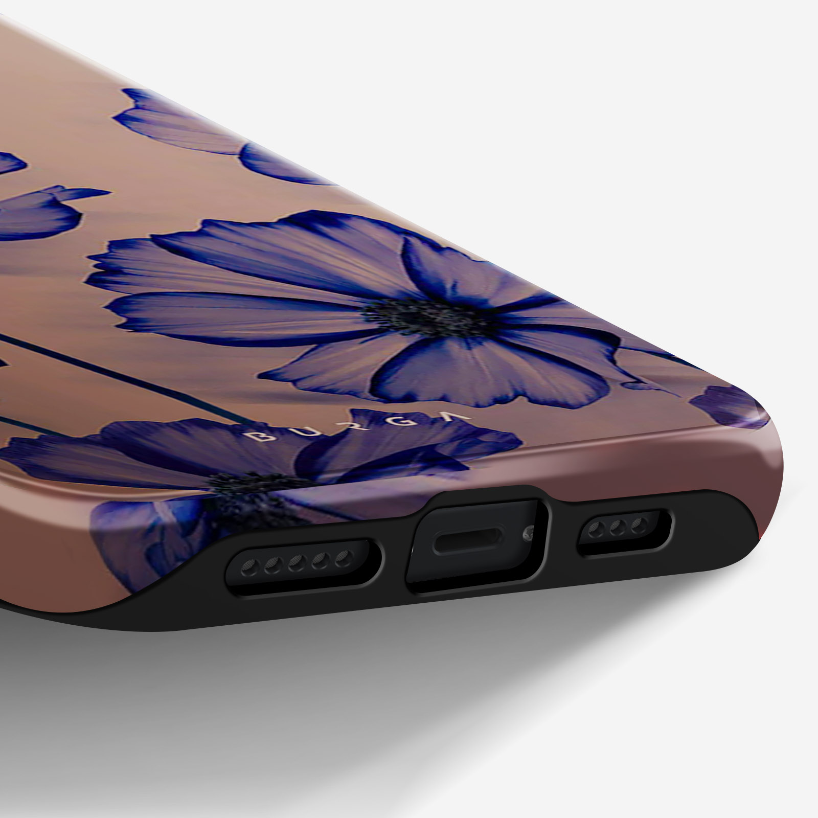 Close-up of a phone case with a floral design. The phone case is brown with blue flowers.