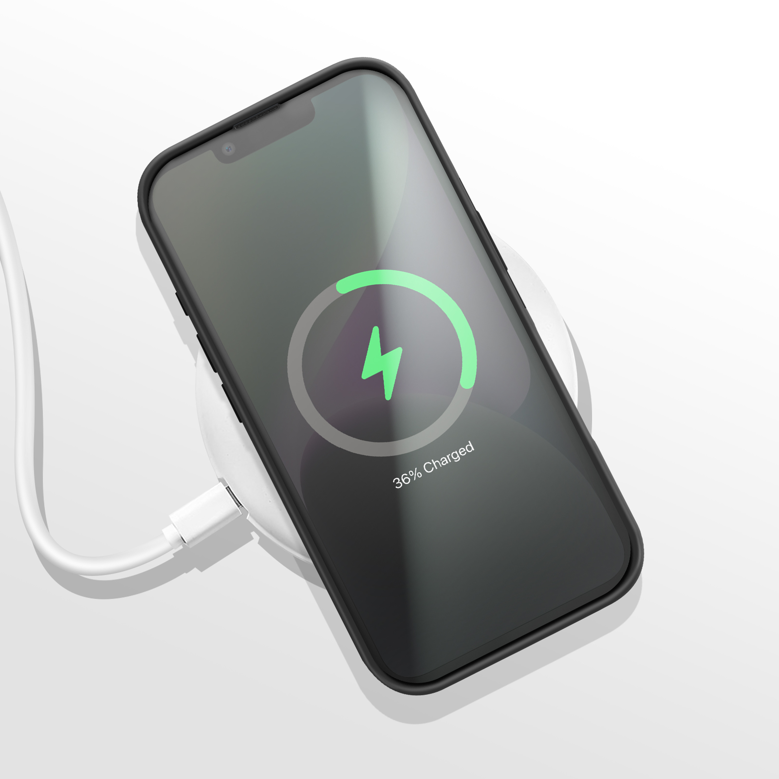 Telefoon draadloos opladen. Scherm toont 36% opgeladen.