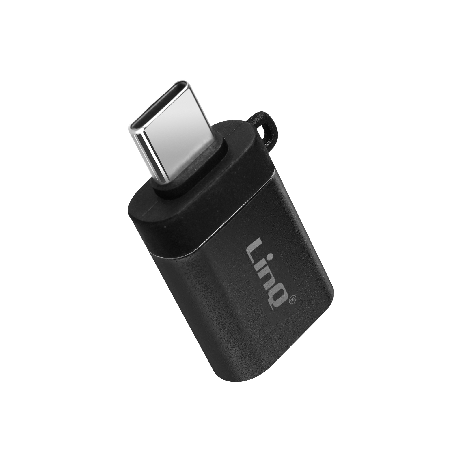 Adattatore USB-C nero con un anello per attaccarlo a un portachiavi.