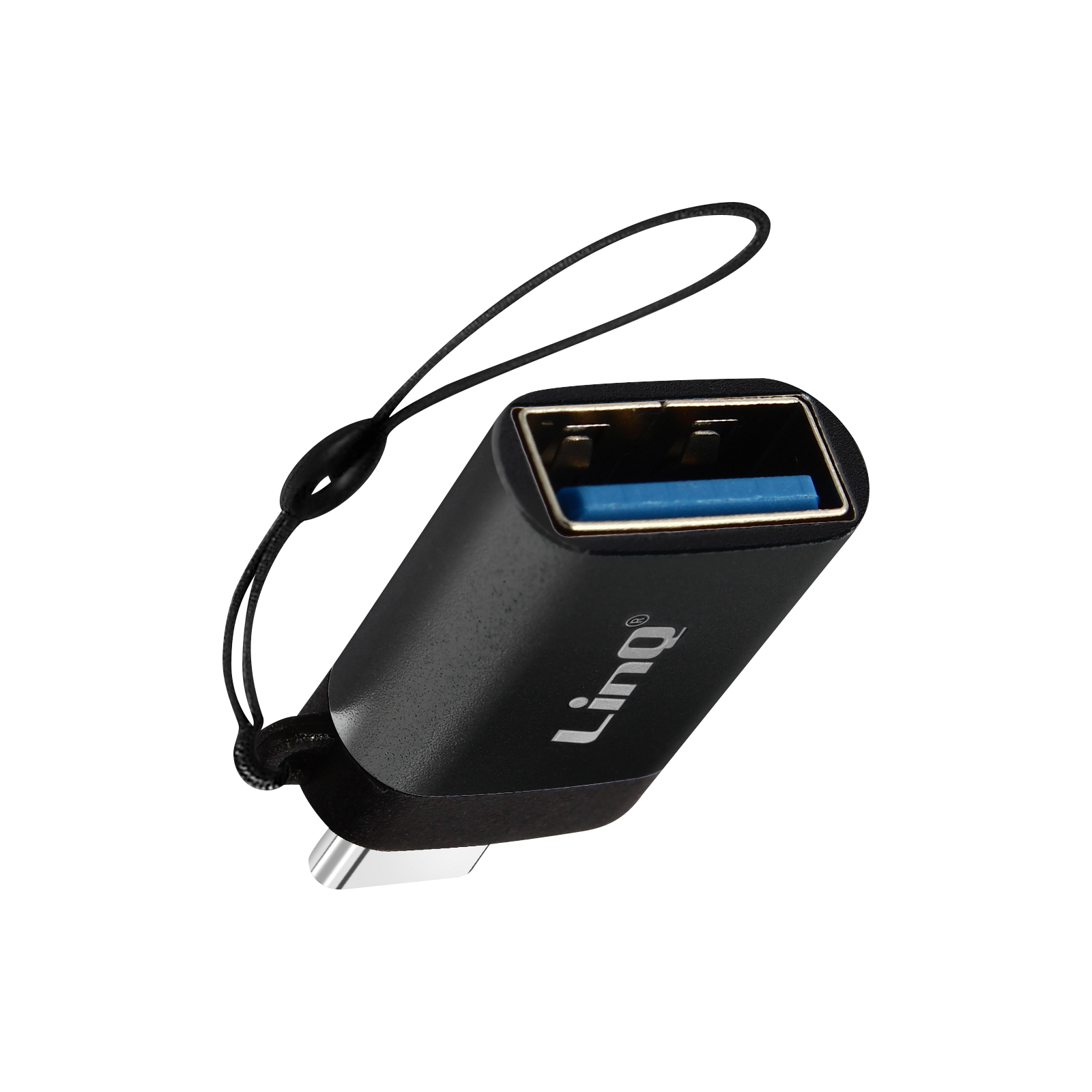 Adattatore USB-C nero con porta USB blu, attaccato a un cinturino nero. Il marchio 'Linq' è visibile.