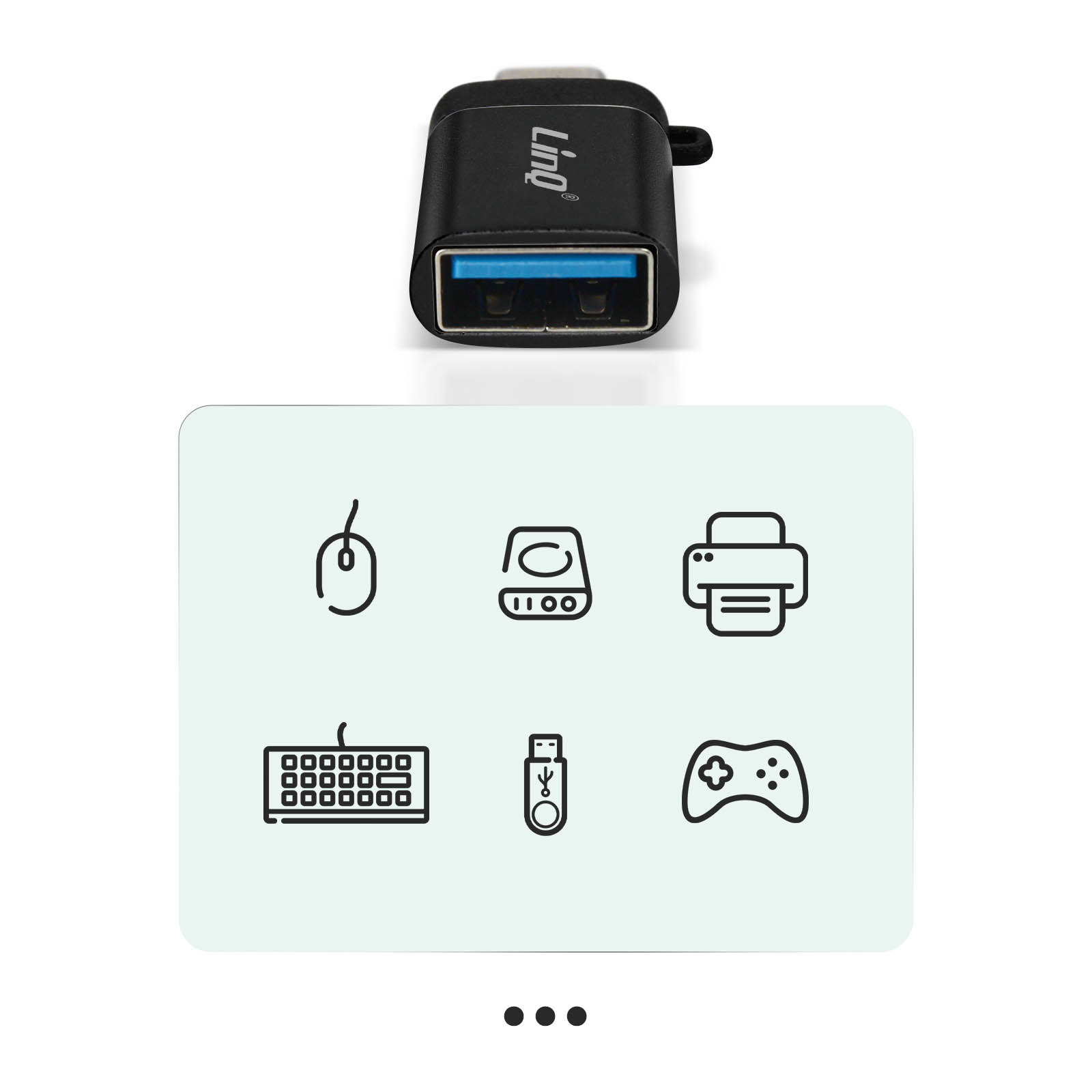 Un adattatore USB nero con porta USB-A e icone di accessori per computer su sfondo chiaro.