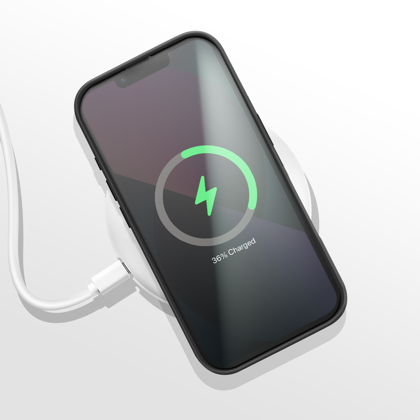 Een zwarte telefoon die oplaadt op een witte draadloze oplader, met een groene oplaadindicator.