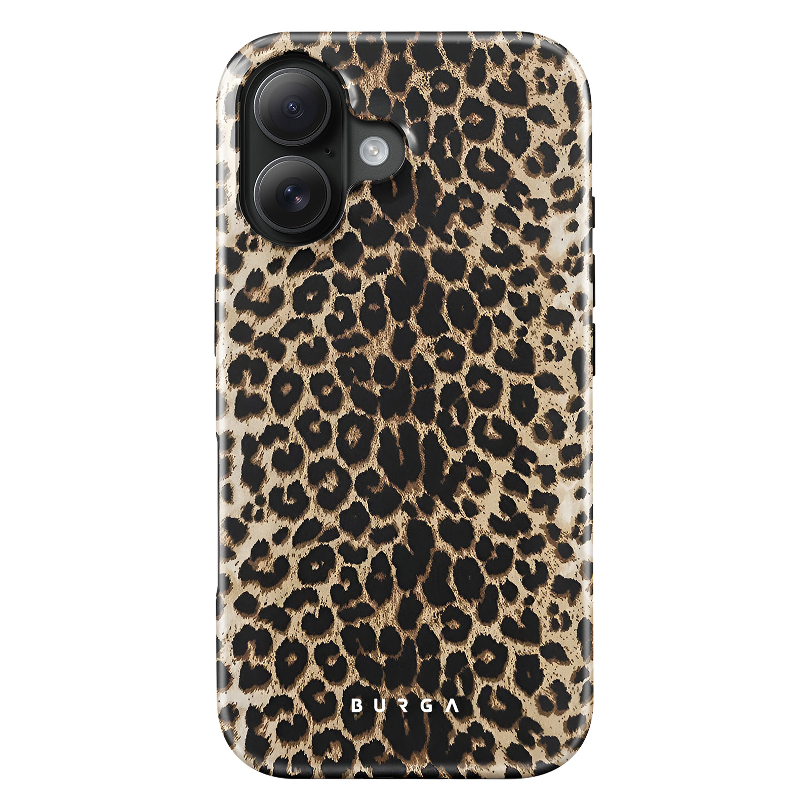 Telefoonhoesje met luipaardprint. Het is zwart en bruin. Witte achtergrond.