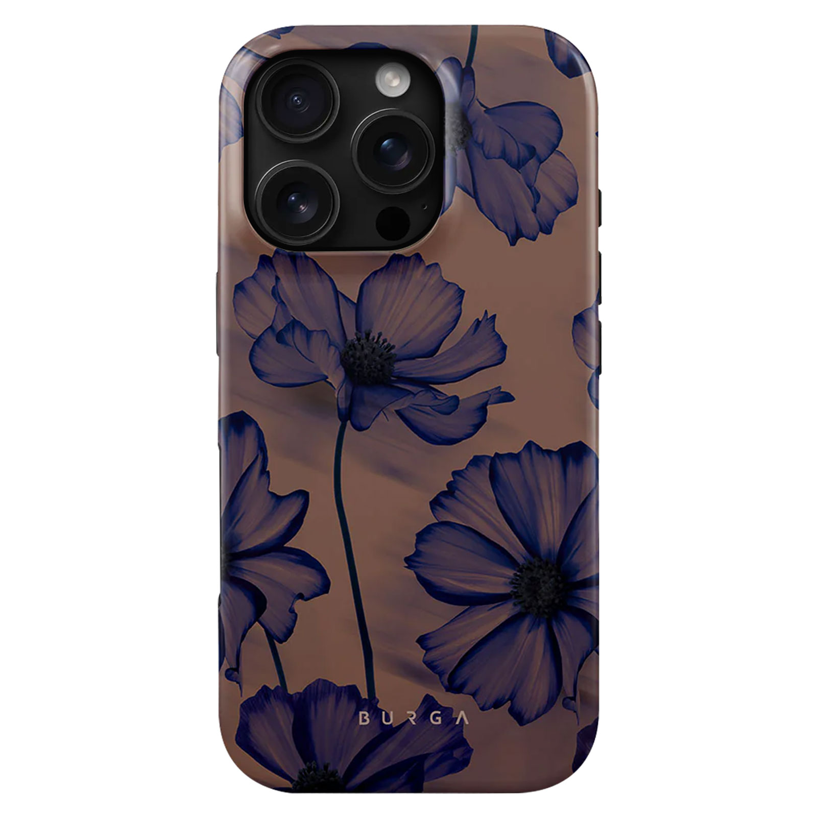 Telefoonhoesje met bloemenontwerp. Bruine achtergrond en blauwe bloemen.